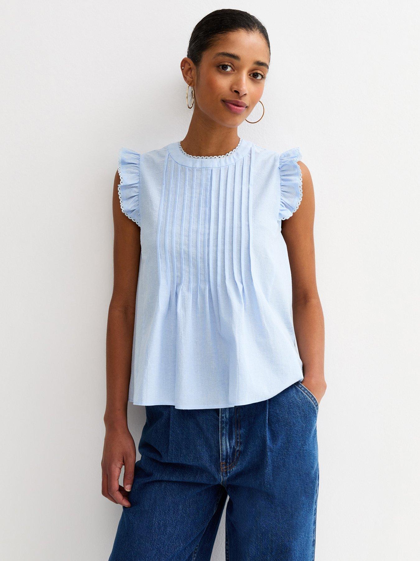 Image 1 of 5 of New Look Striped Pintuck Sleeveless Blouse - Blue