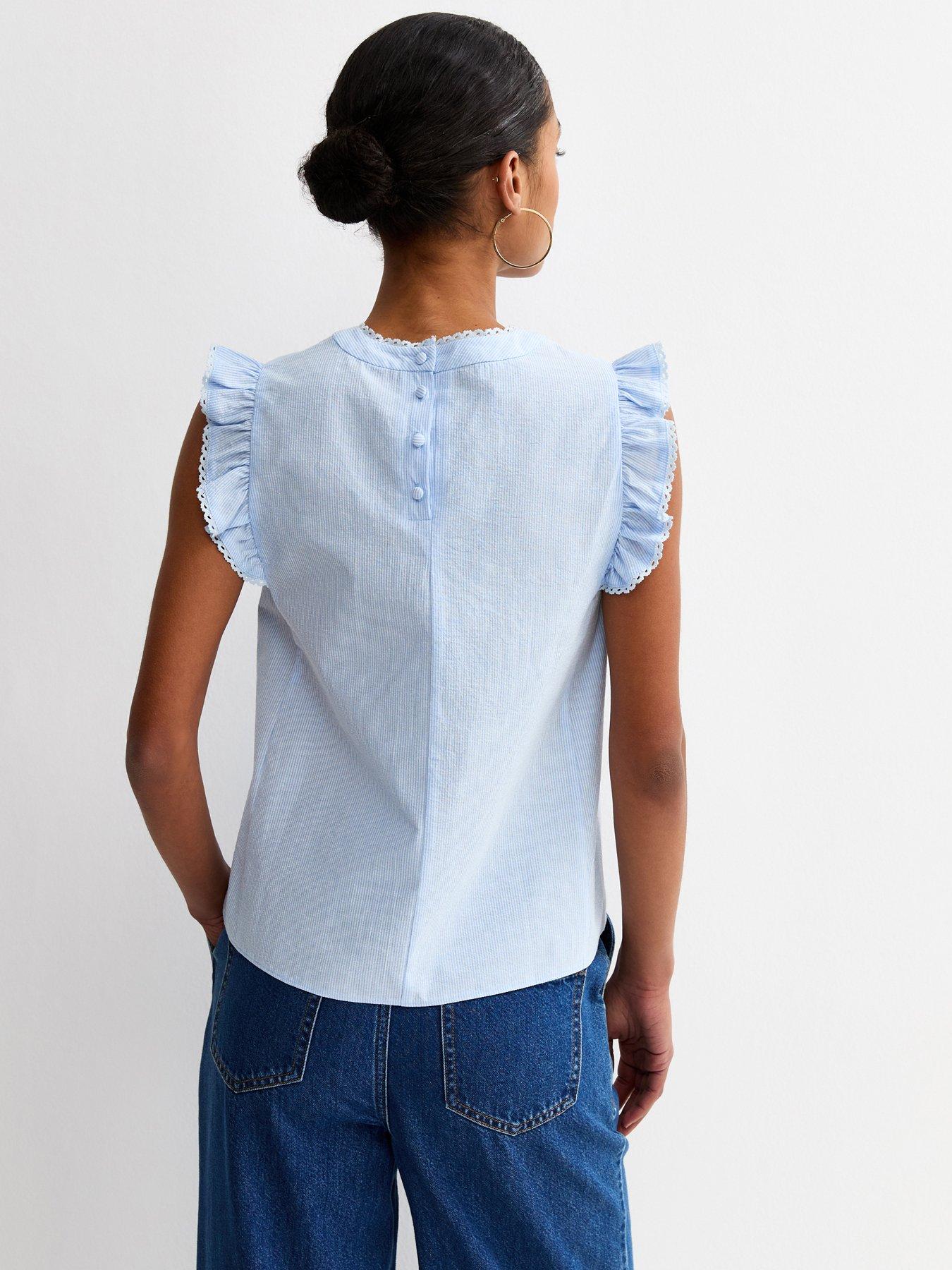 Image 2 of 5 of New Look Striped Pintuck Sleeveless Blouse - Blue
