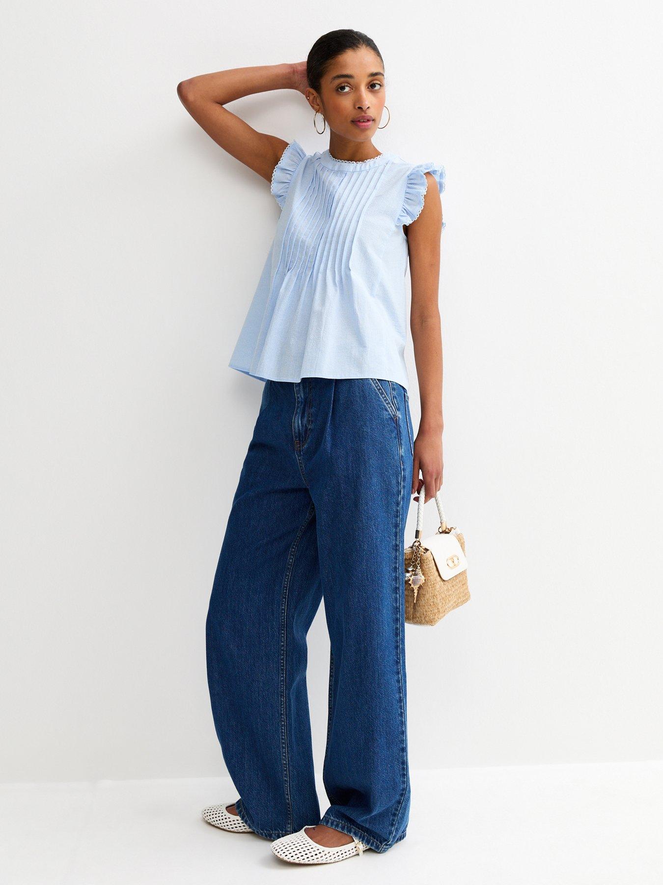 Image 3 of 5 of New Look Striped Pintuck Sleeveless Blouse - Blue