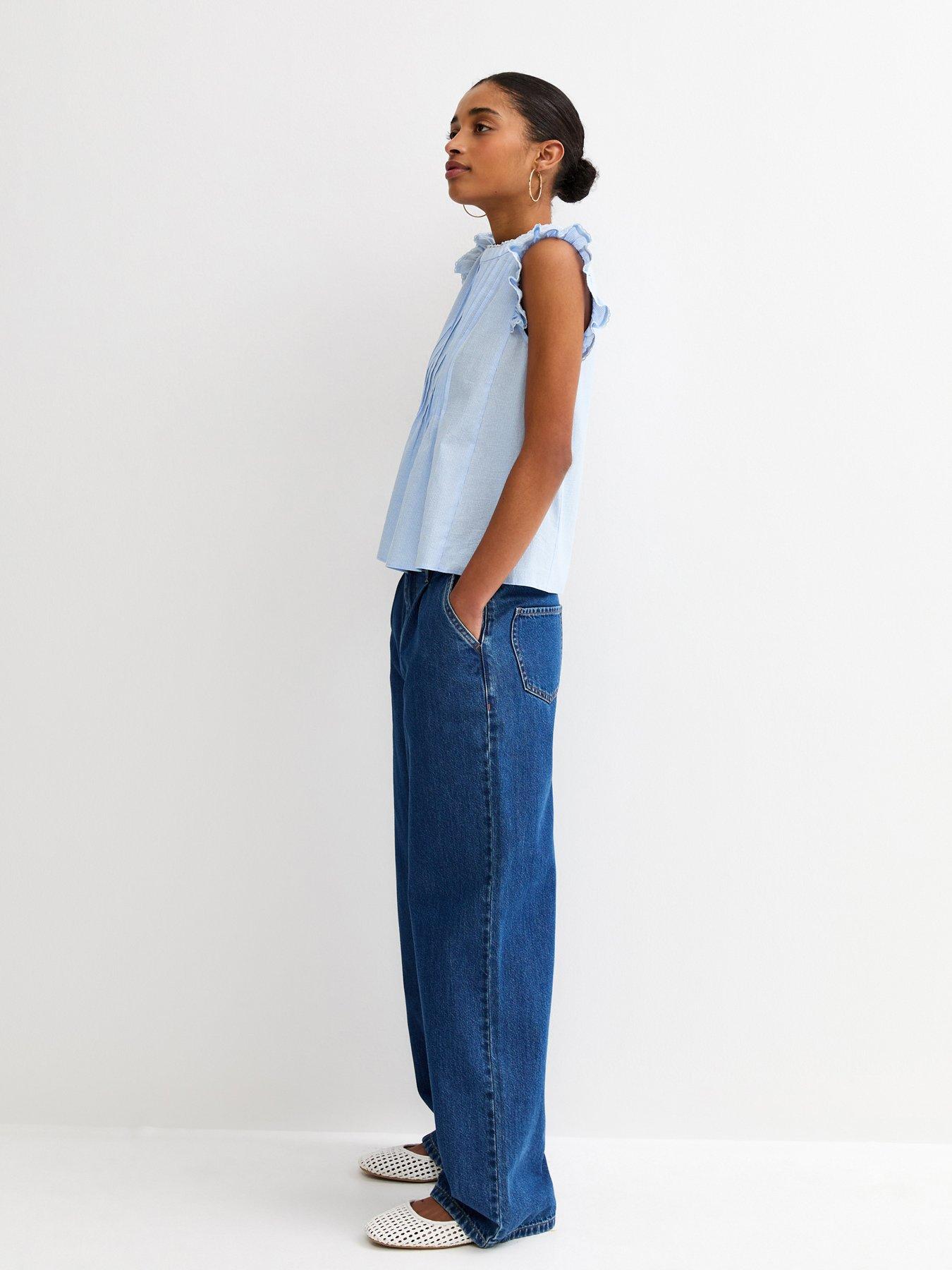 Image 4 of 5 of New Look Striped Pintuck Sleeveless Blouse - Blue