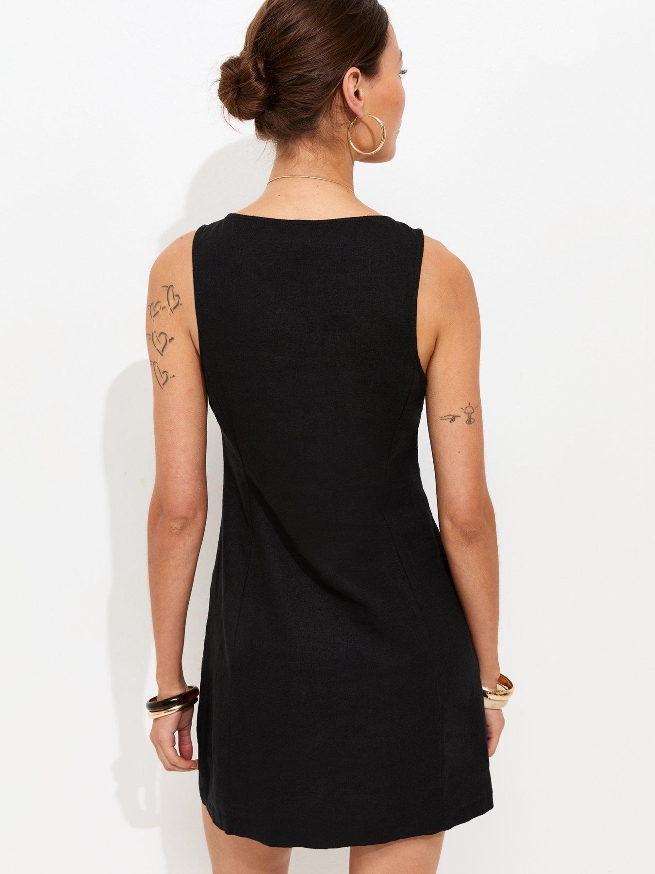 knee length dresses for ladies Foliate Linen-Blend Embroidered Button Up Mini Dress - Black | Disturbia