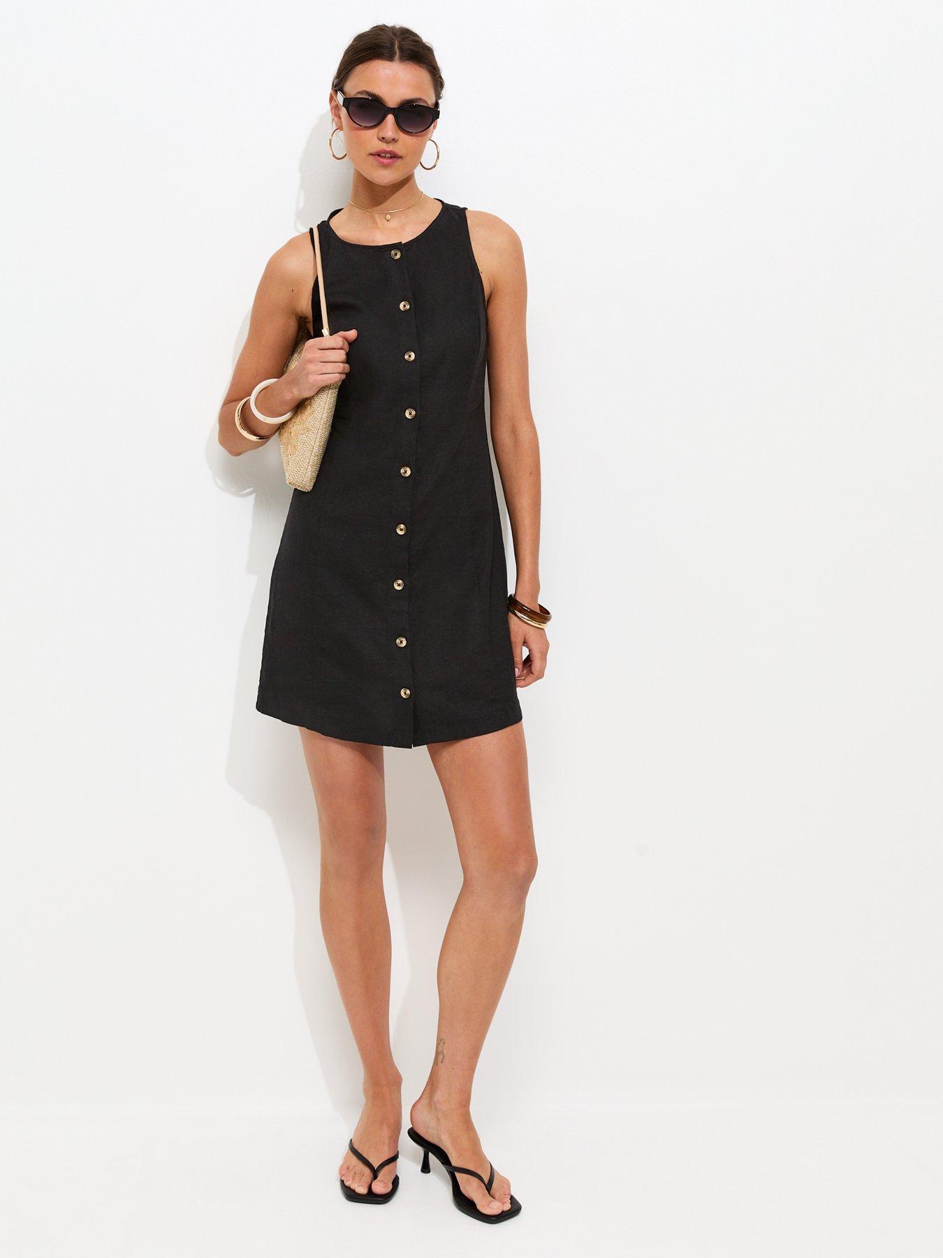 knee length dresses for ladies Foliate Linen-Blend Embroidered Button Up Mini Dress - Black | Disturbia main image 1