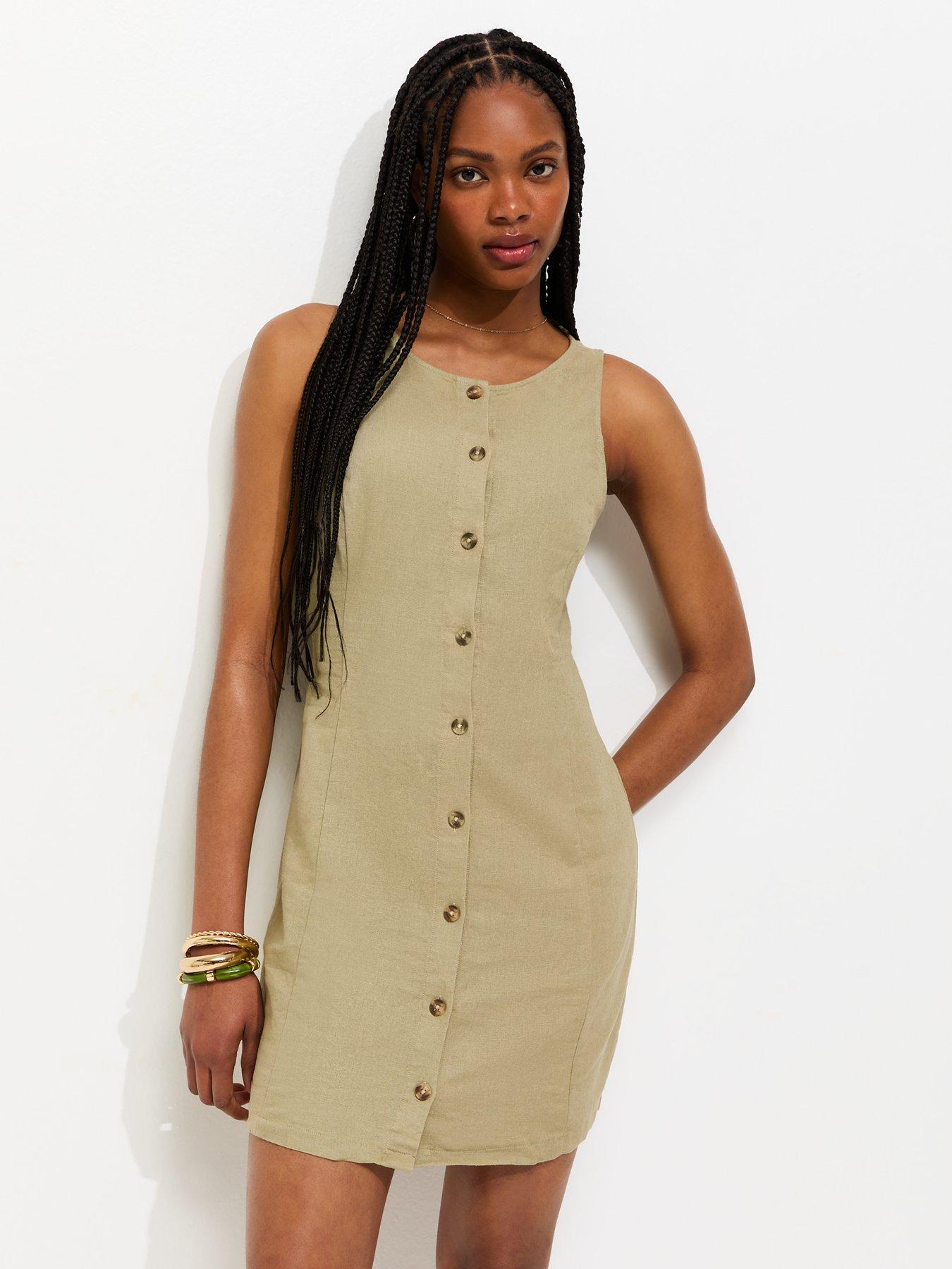 New Look Linen Blend Button Through Mini Dress - Light Khaki
