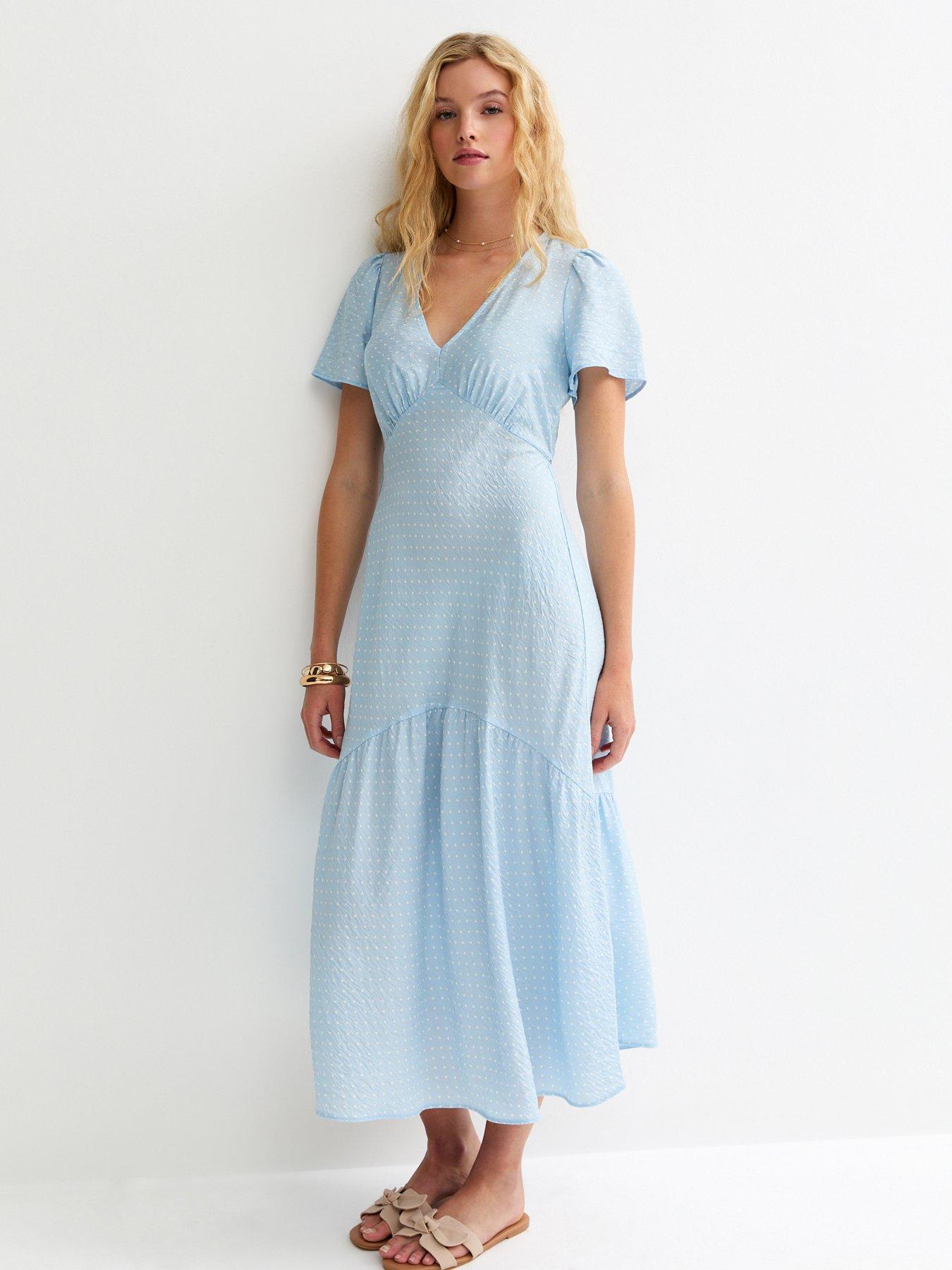 New Look Polka Dot Tiered Midi Tea Dress - Blue