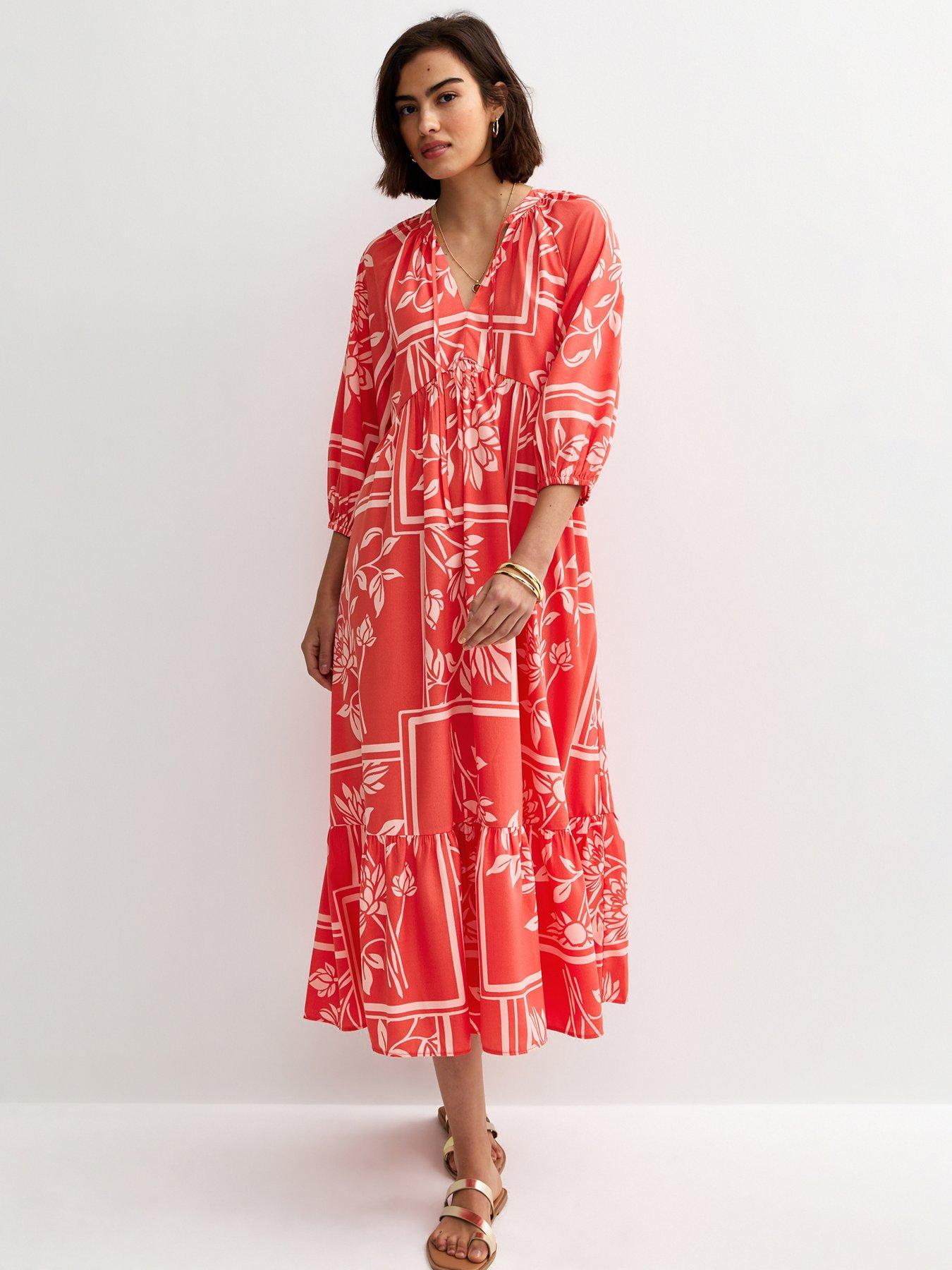 New Look Red And Pink Floral Smock Midi Dress