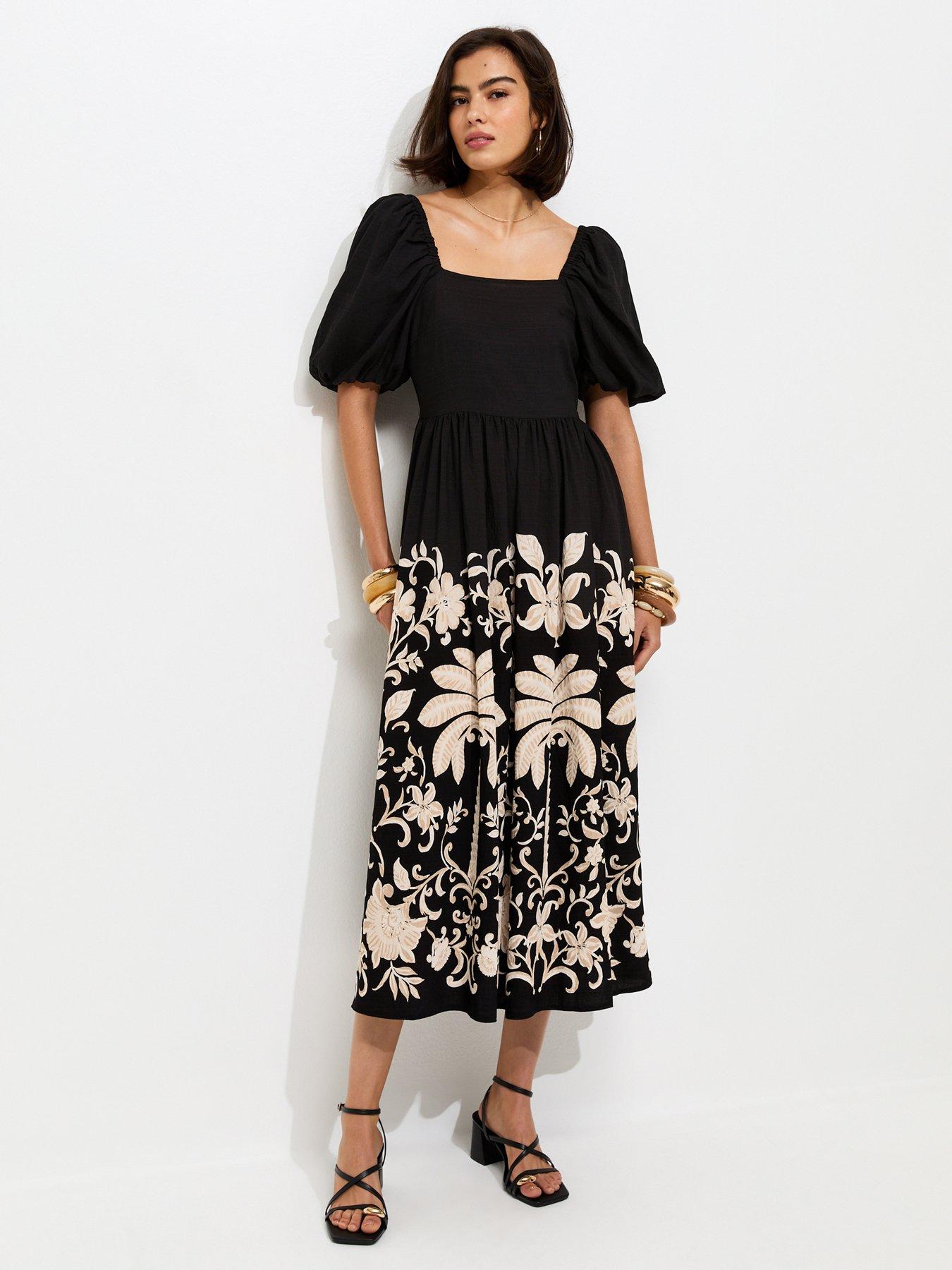 New Look: Floral Border Print Milkmaid Midi Dress - Black
