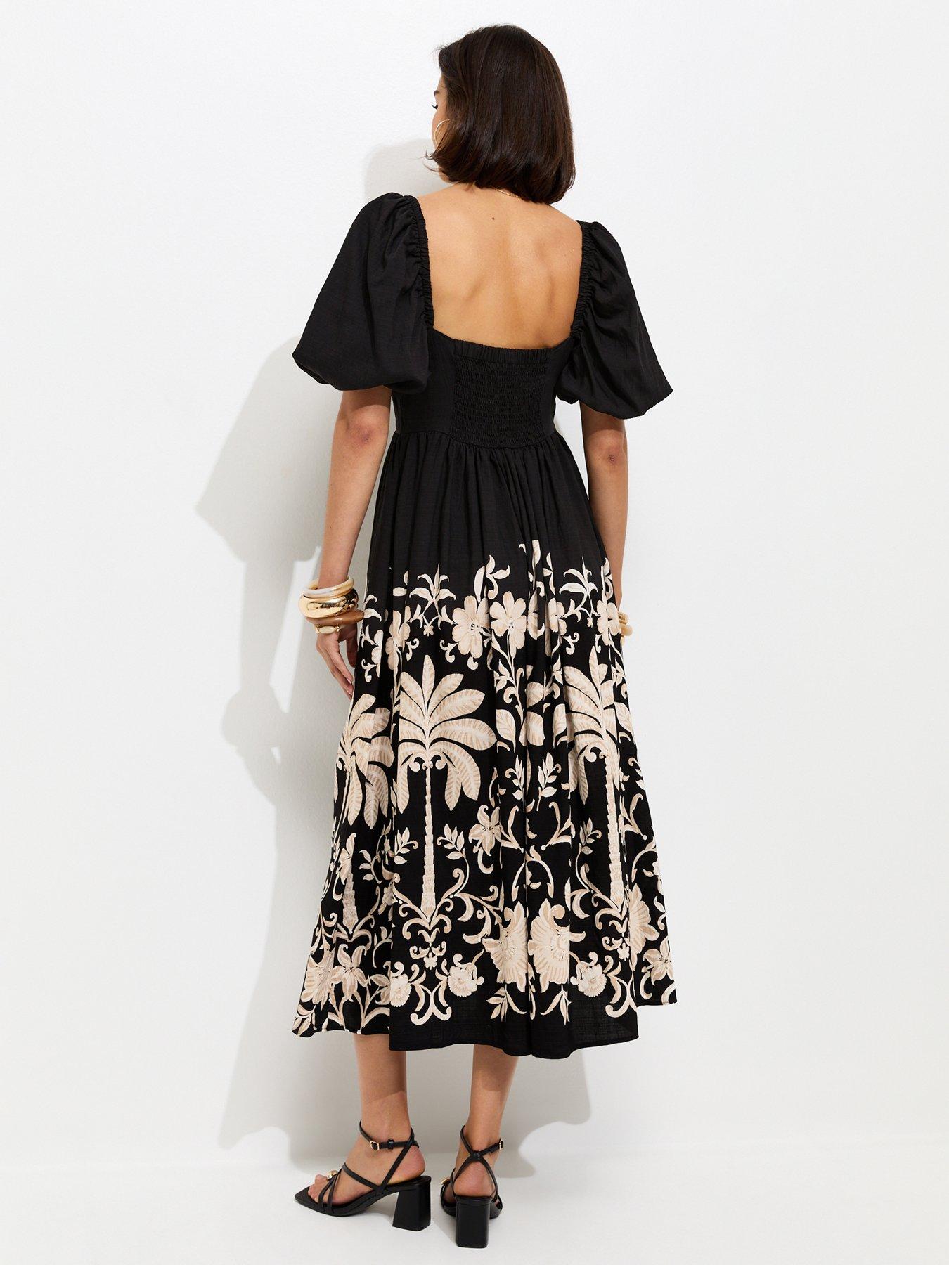 New Look Floral Border Print Milkmaid Midi Dress - Black | Very