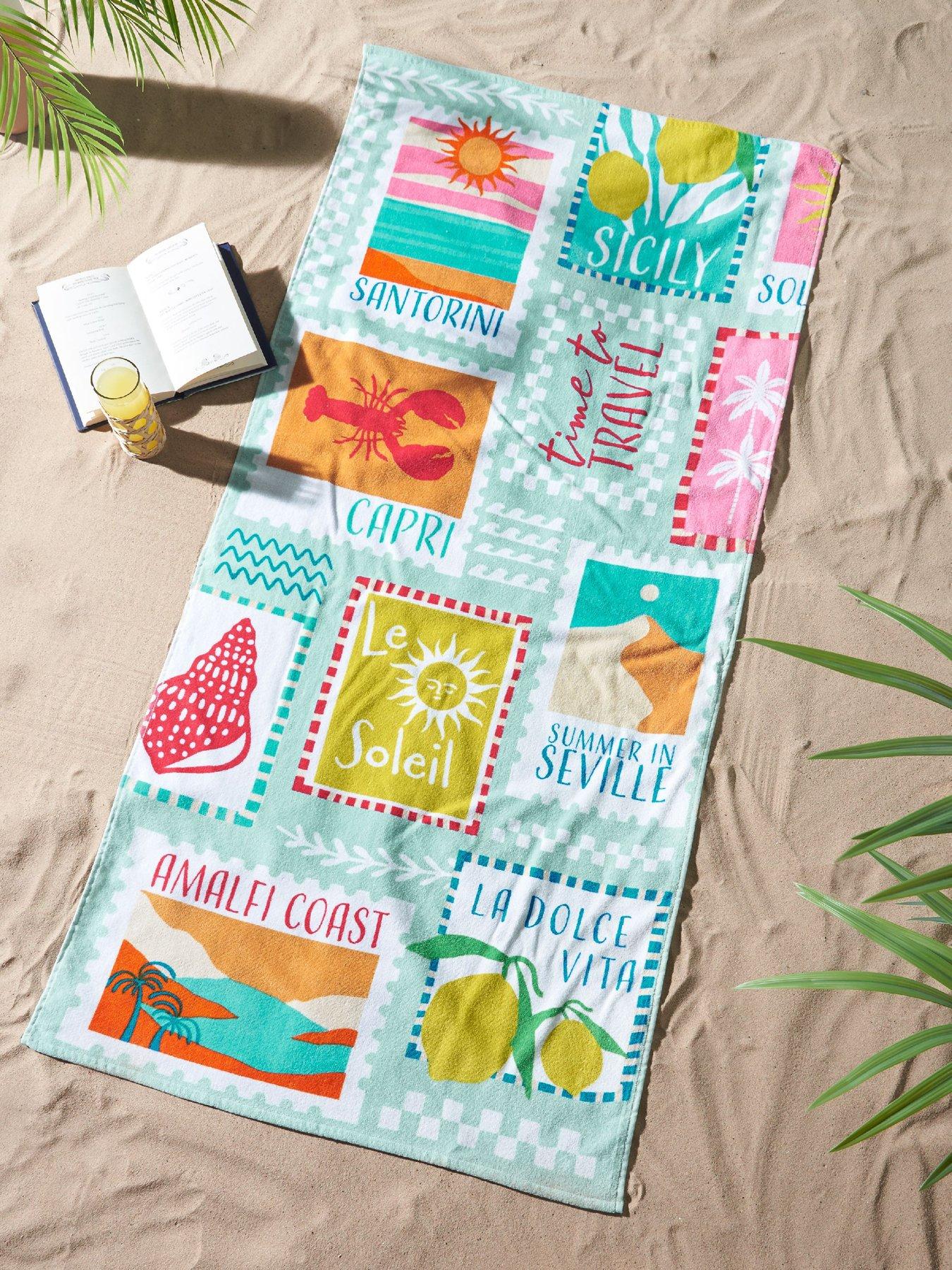 Catherine Lansfield Postcards 100% Cotton Beach Towel Sage