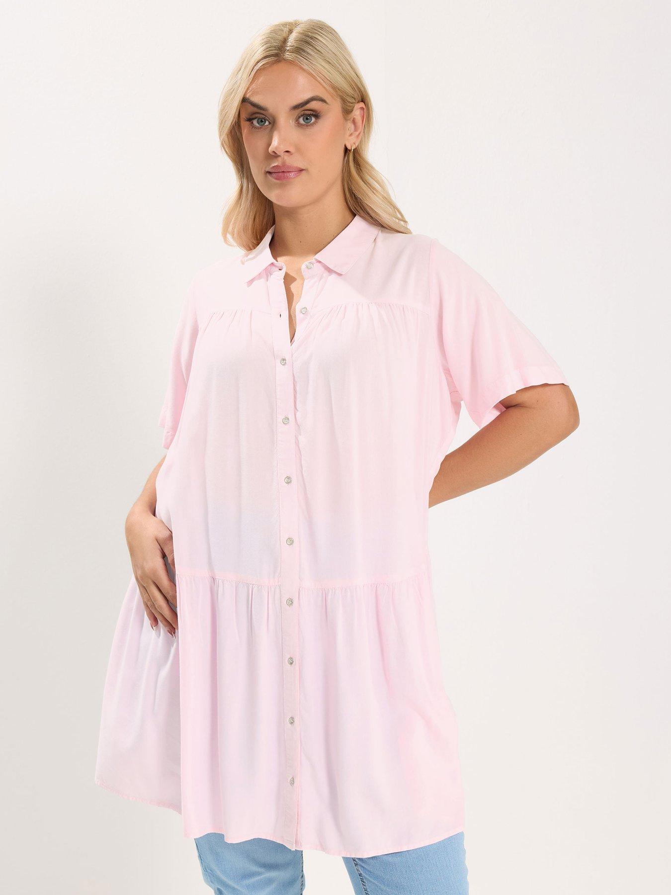 Yours Curve Tiered Smock Chambray Shirt, Pink, Size 16, Women