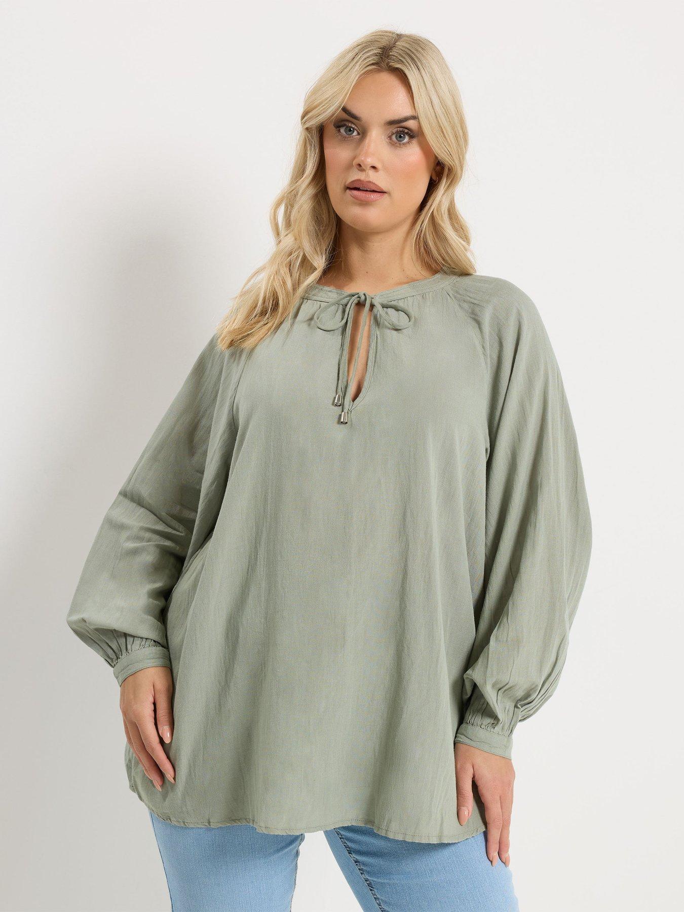 Yours Curve Long Sleeve Gypsy Tie Neck Top - Green
