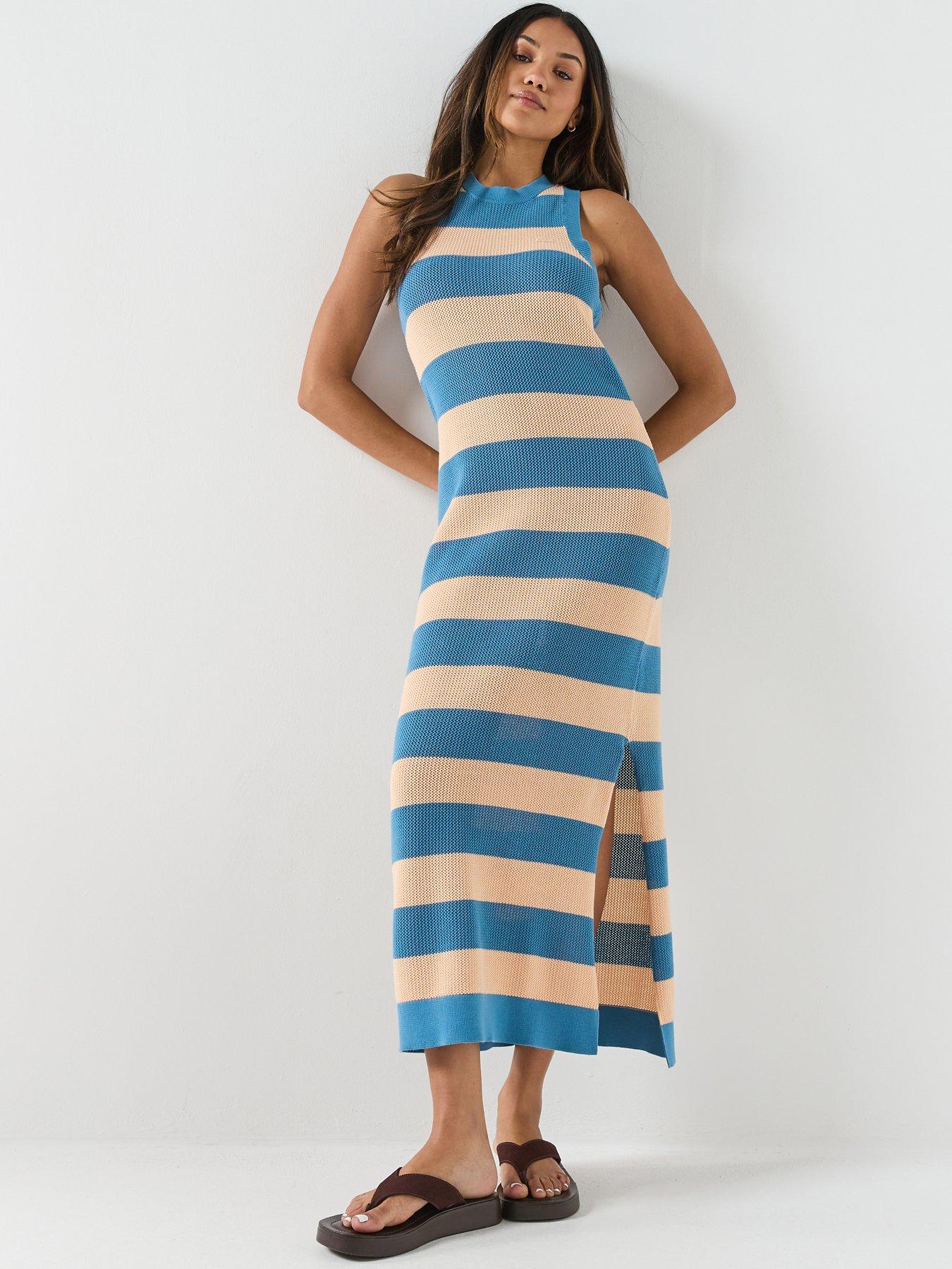 Lacoste Sleeveless Knitted Stripe Maxi Dress - Blue/Pink