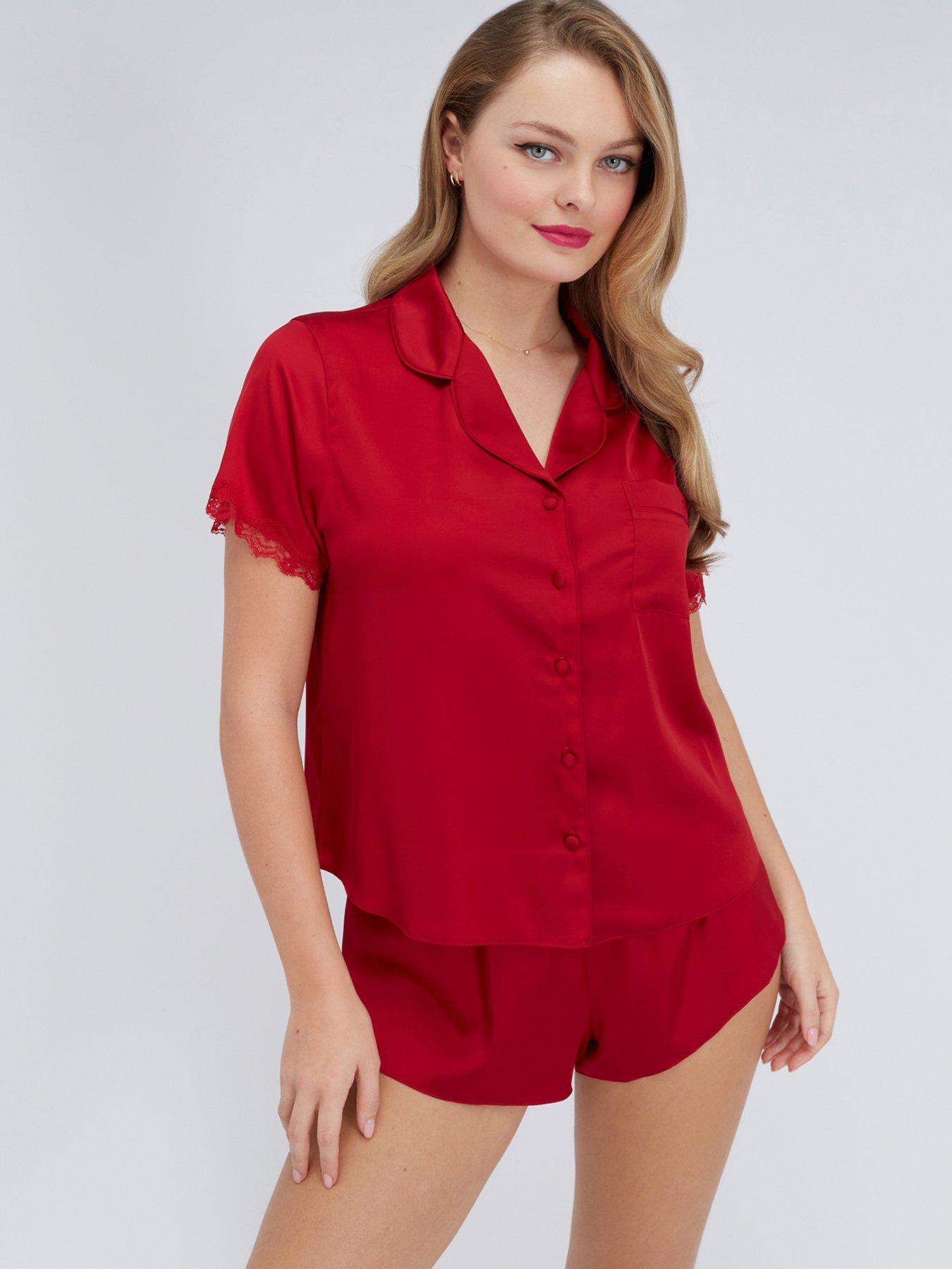 Boux Avenue Kaya Satin Short Sleeve Revere Set - Dark Red