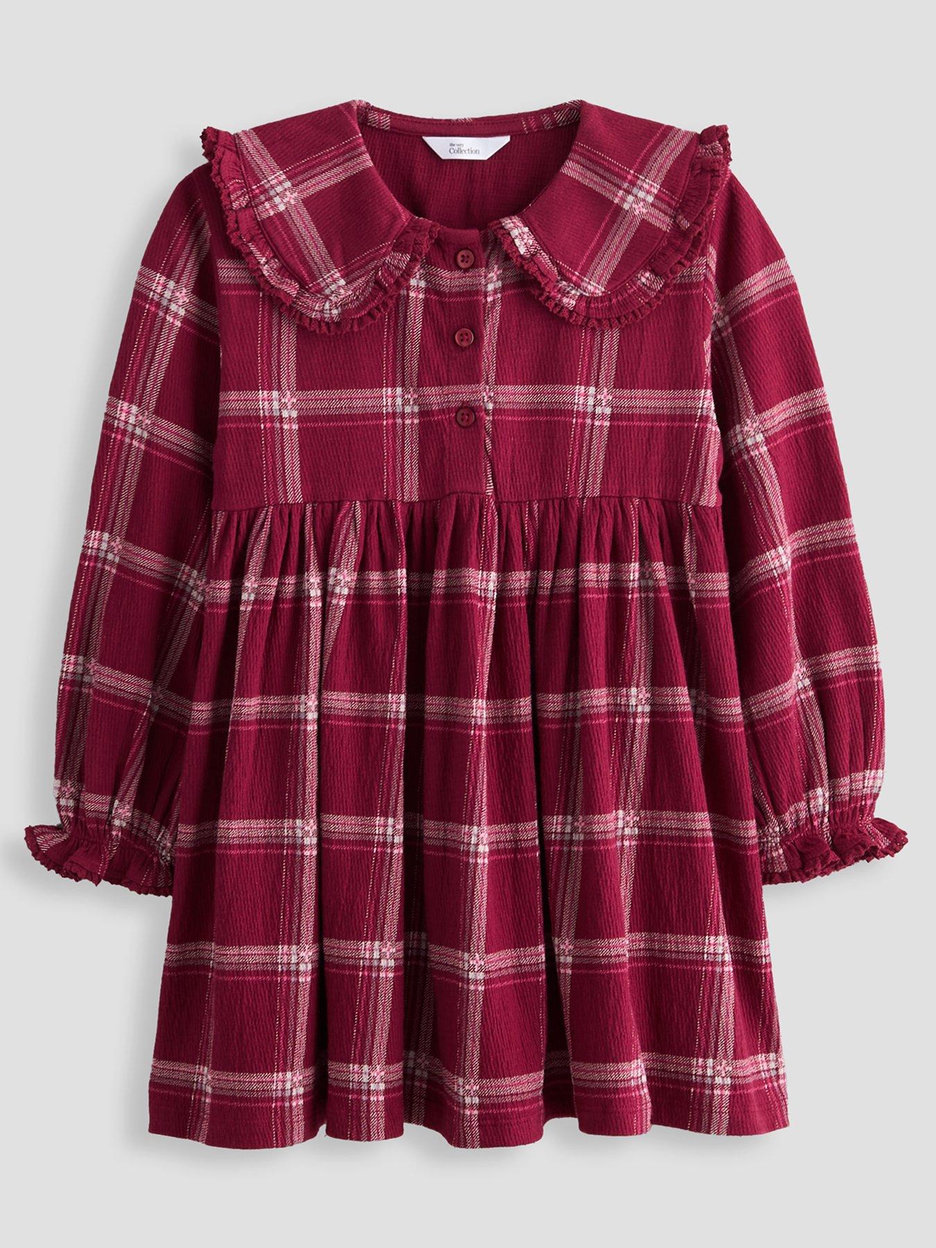 The Very Collection Girls Broderie Collar Checked Dress - Print
