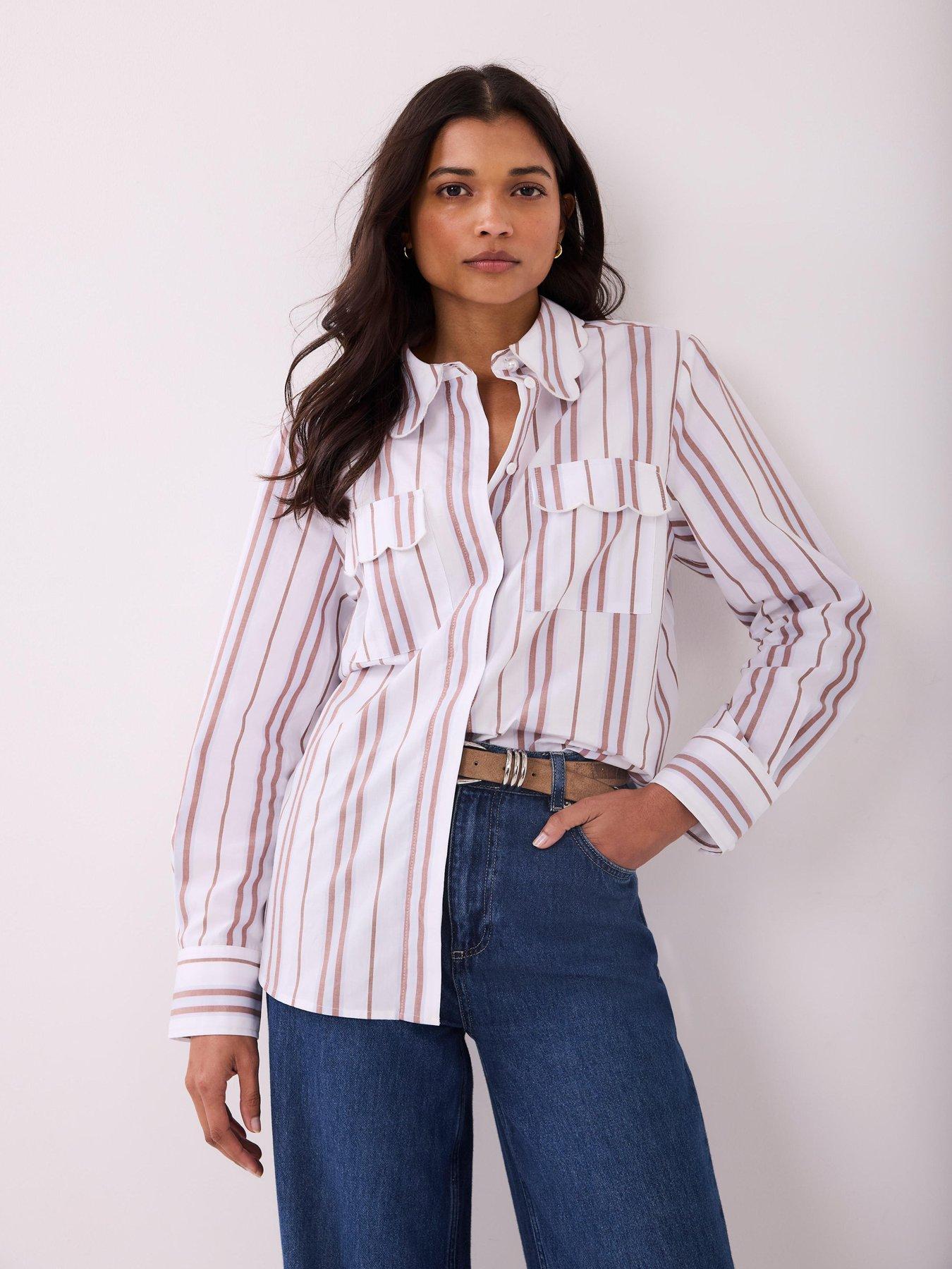 Mint Velvet Stripe Scallop Trim Shirt - Brown