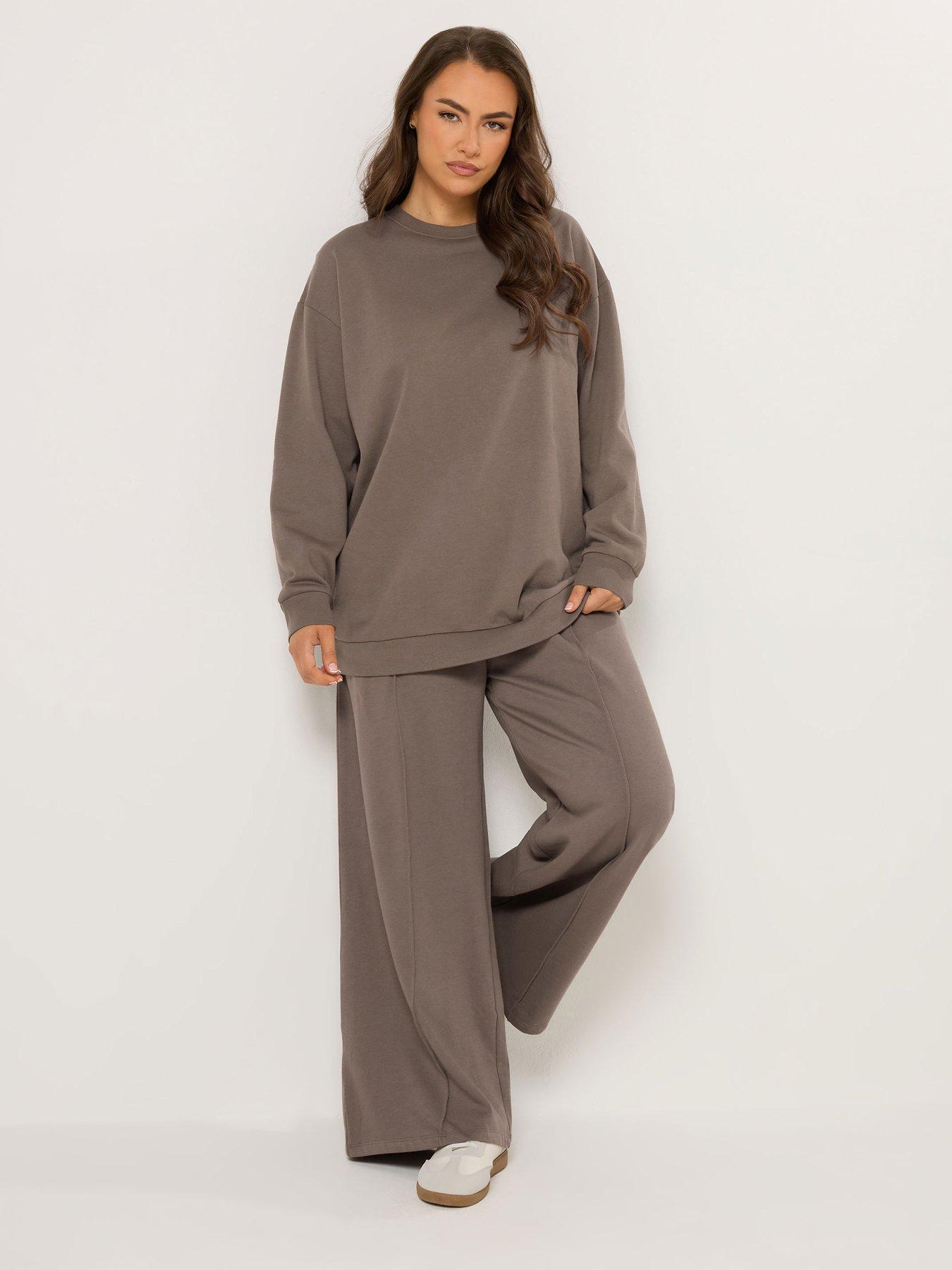 Yours Curve Crew Neck Sweatshirt  &  Joggers Set - Brown