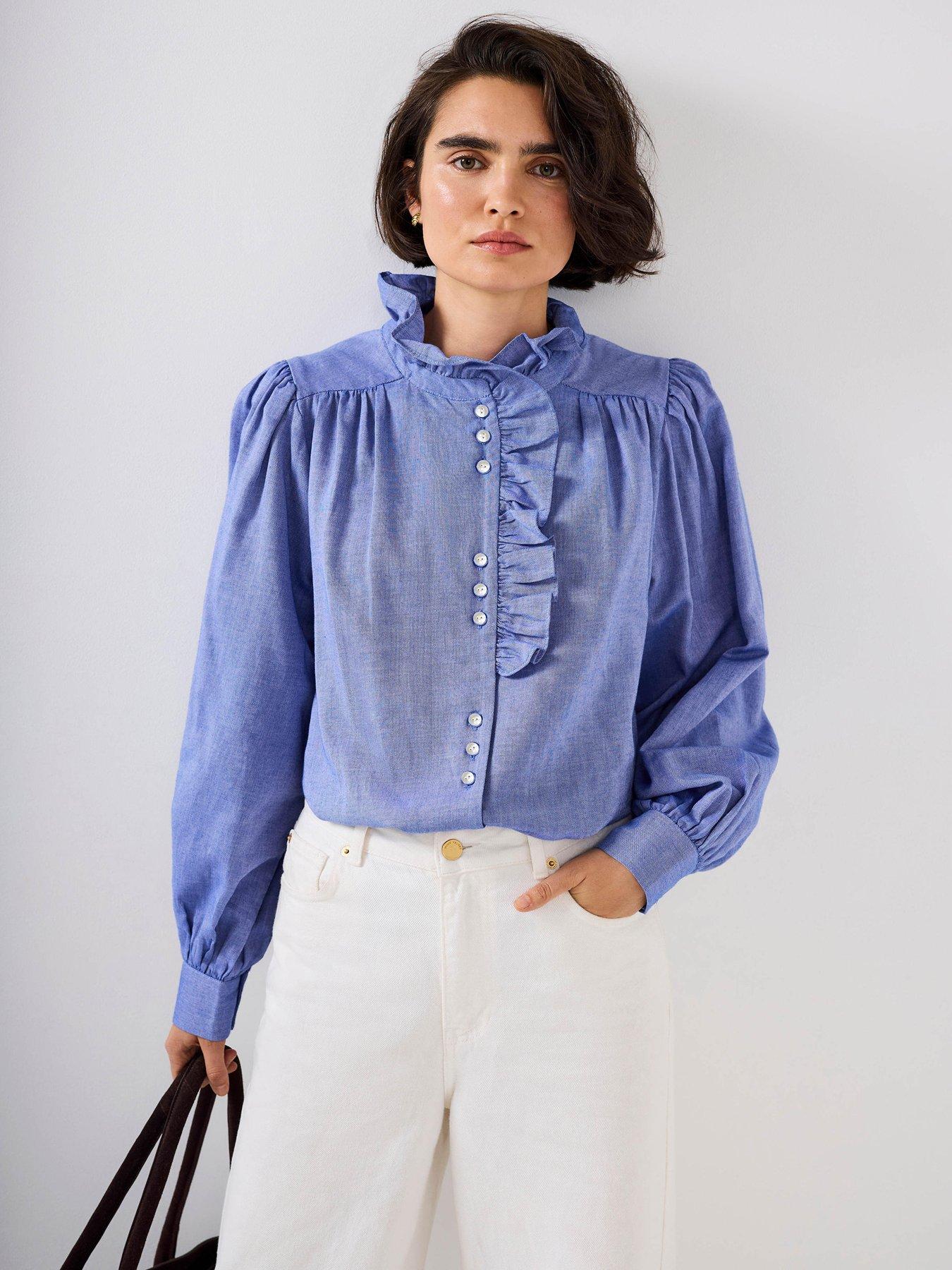 Mint Velvet Chambray Ruffle Blouse - Blue | Very