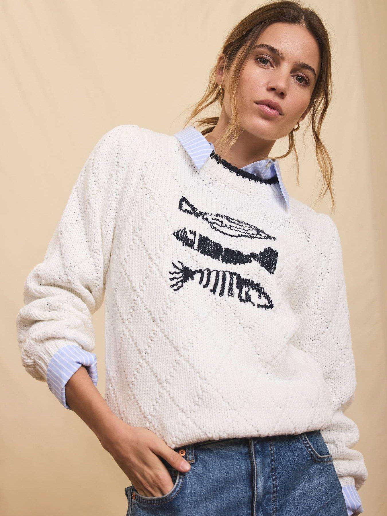 Image 2 of 4 of Mint Velvet Ivory Fish Motif Jumper - White