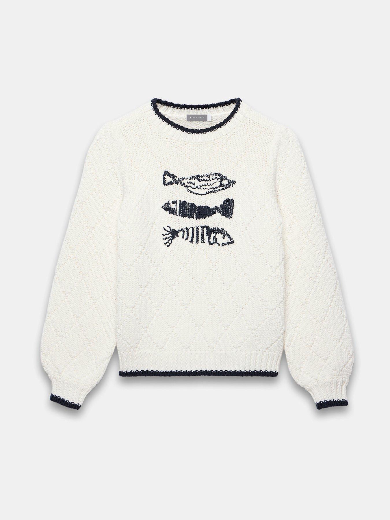 Image 3 of 4 of Mint Velvet Ivory Fish Motif Jumper - White