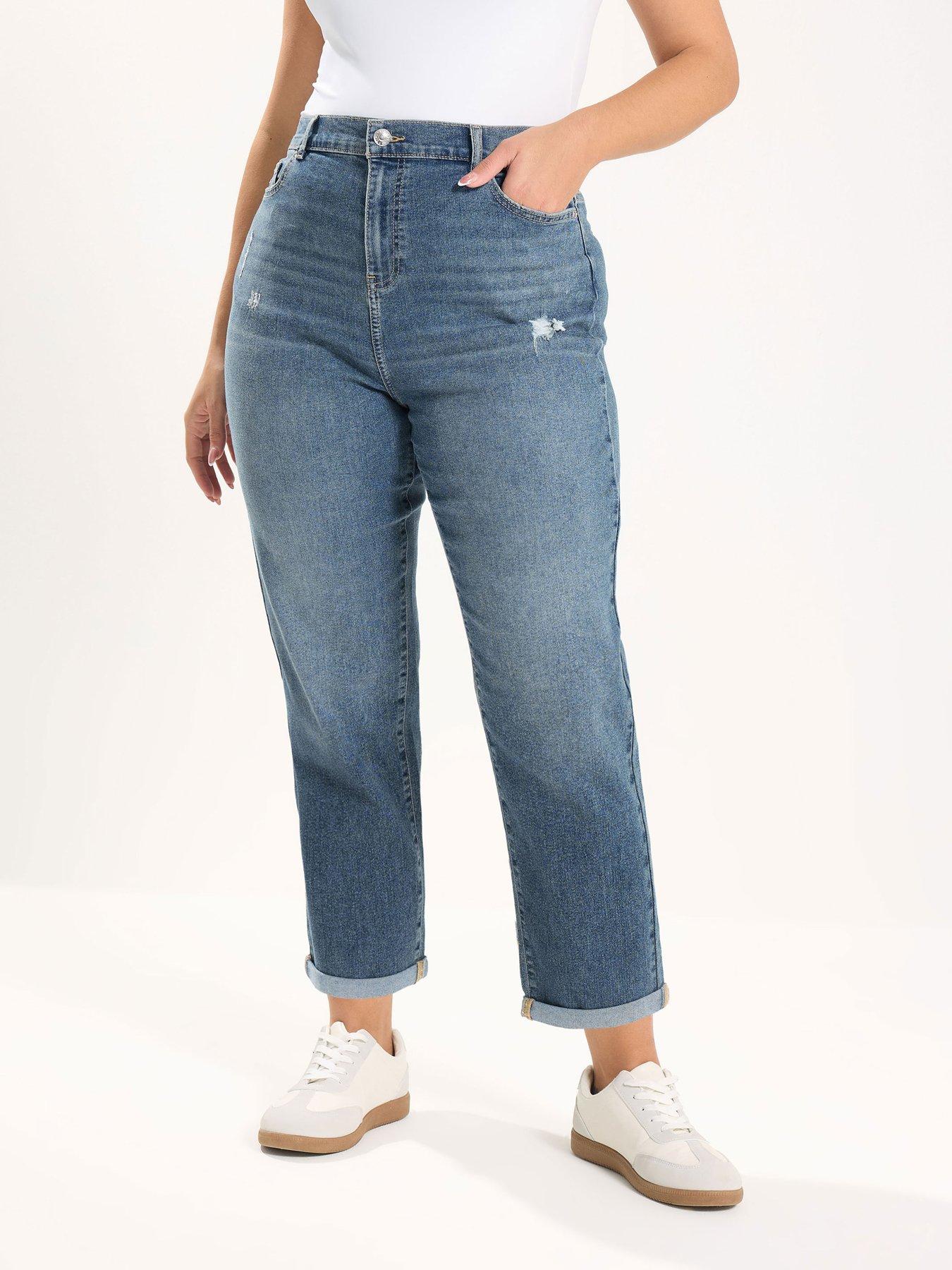 Yours Curve Distressed Boyfriend Jean, Blue, Size 24, Women