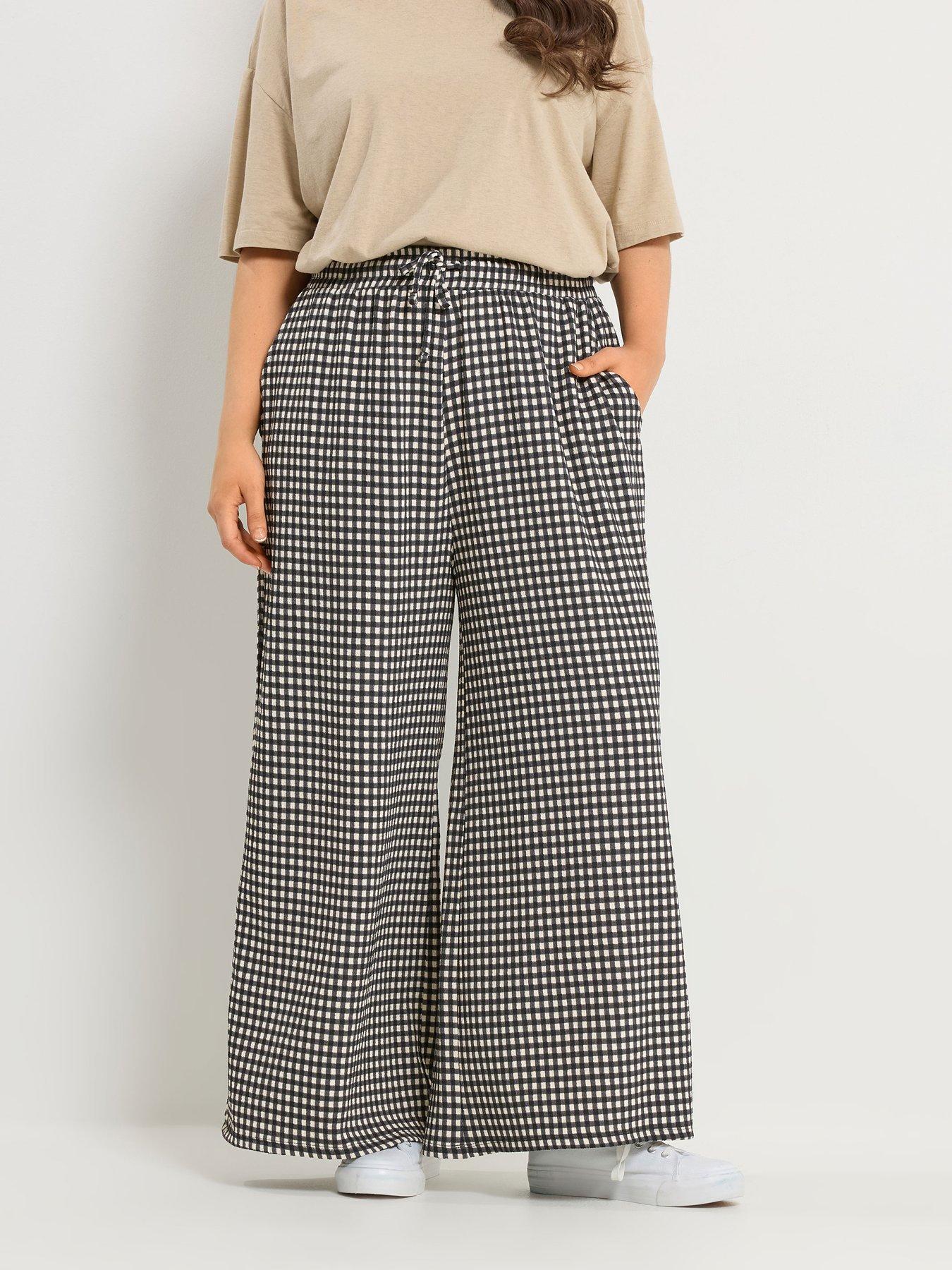 Yours Curve Jersey Gingham Wide Leg Trousers - Black