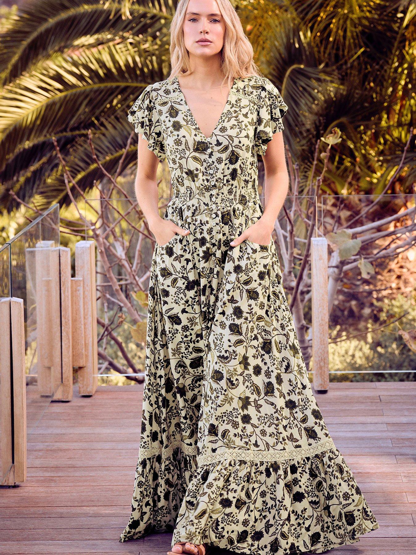 Long Tall Sally Floral Button Lace Maxi Dress - Green