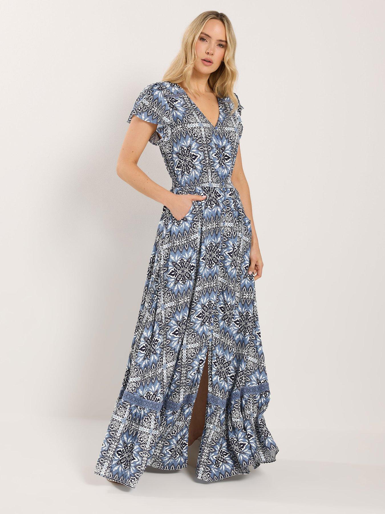 Image 3 of 5 of Long Tall Sally Tile Print Button Lace Maxi Dress - Blue