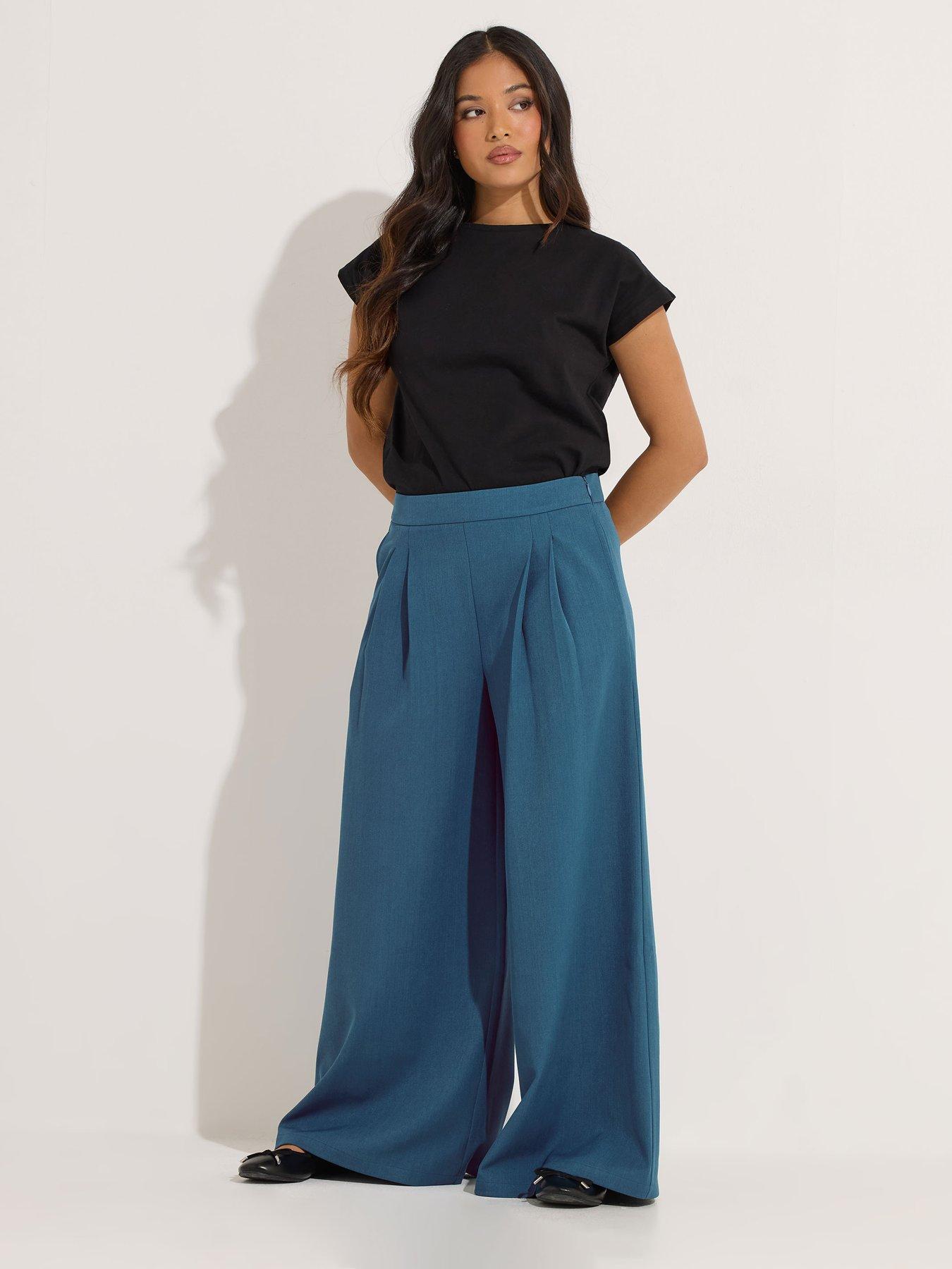 Image 3 of 6 of PixieGirl Petite Pleat Front Palazzo Trousers - Blue