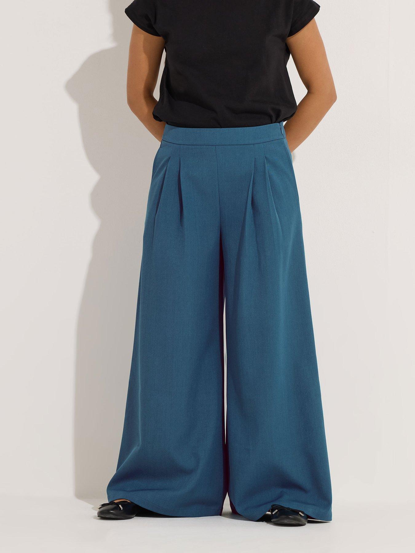 Image 4 of 6 of PixieGirl Petite Pleat Front Palazzo Trousers - Blue