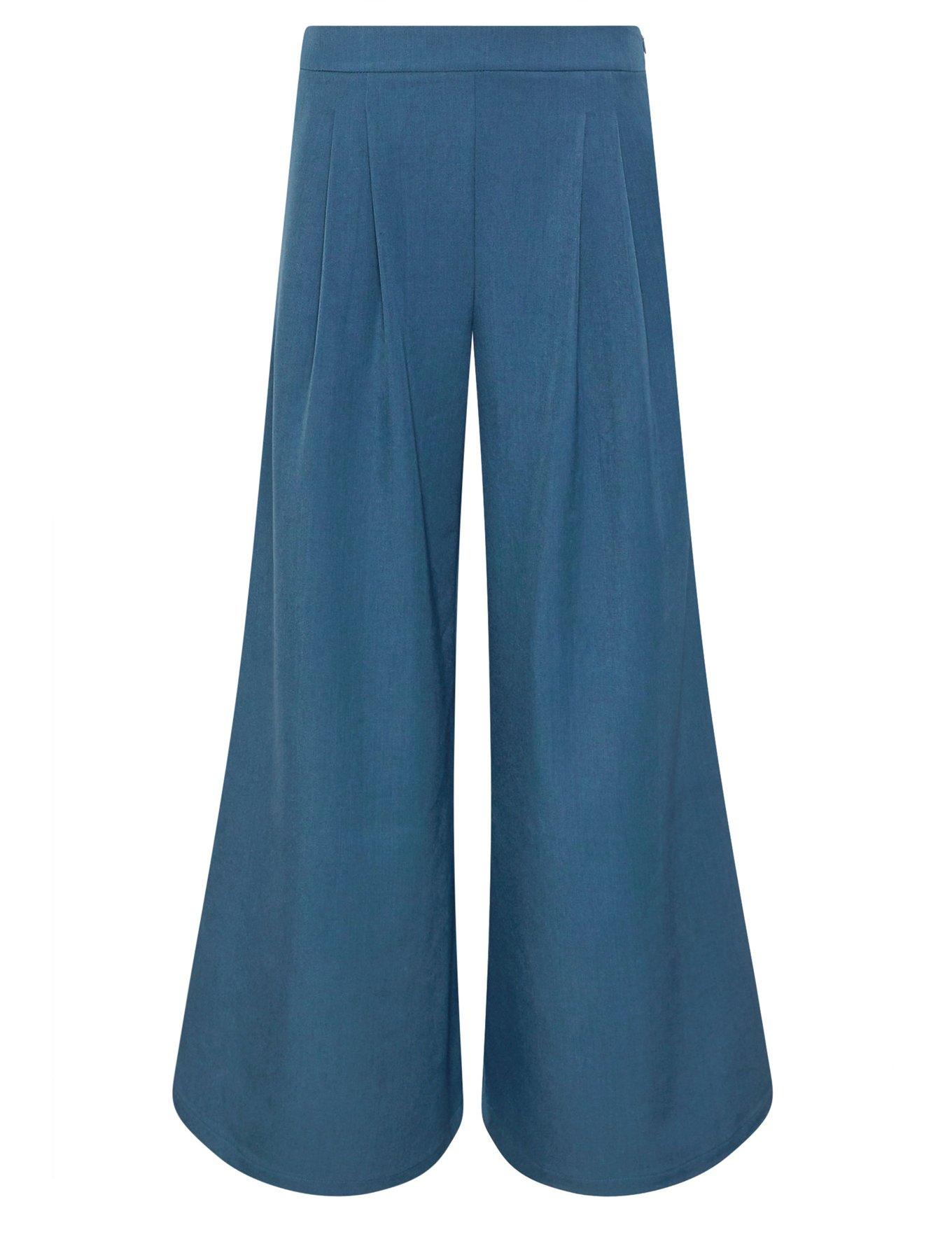 Image 6 of 6 of PixieGirl Petite Pleat Front Palazzo Trousers - Blue