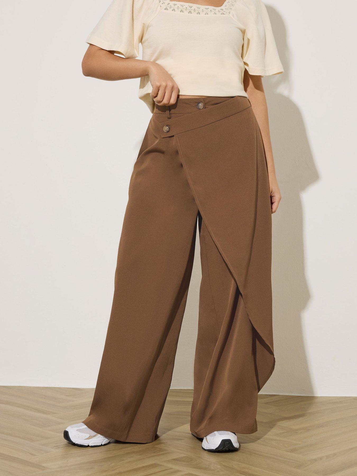 PixieGirl Petite Wrap Wide Leg Trousers - Brown