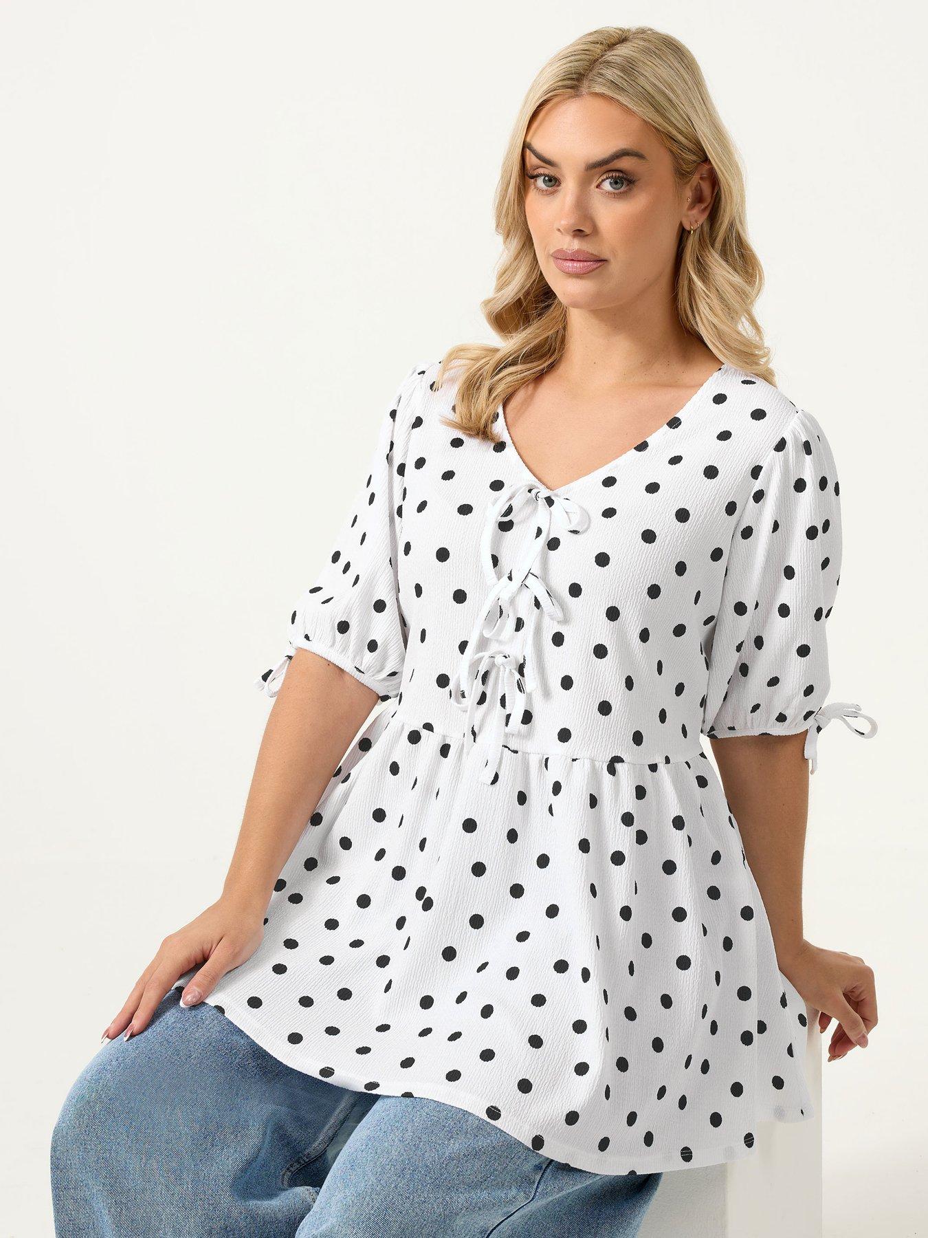 Image 1 of 5 of Yours Curve Bow Front Polka Dot Peplum T-shirt