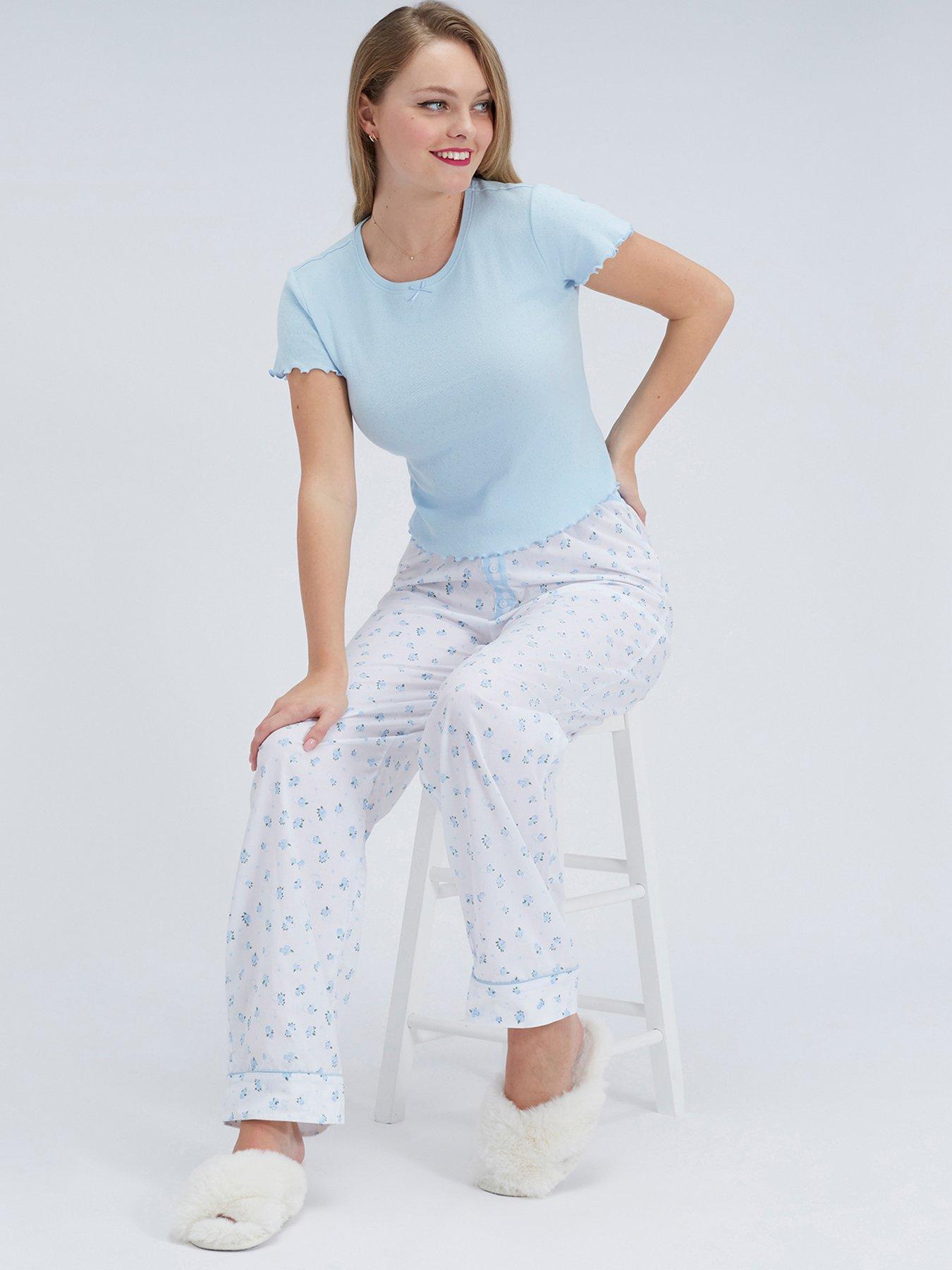 Image 1 of 6 of Boux Avenue Floral Pointelle Pyjama Set - Blue