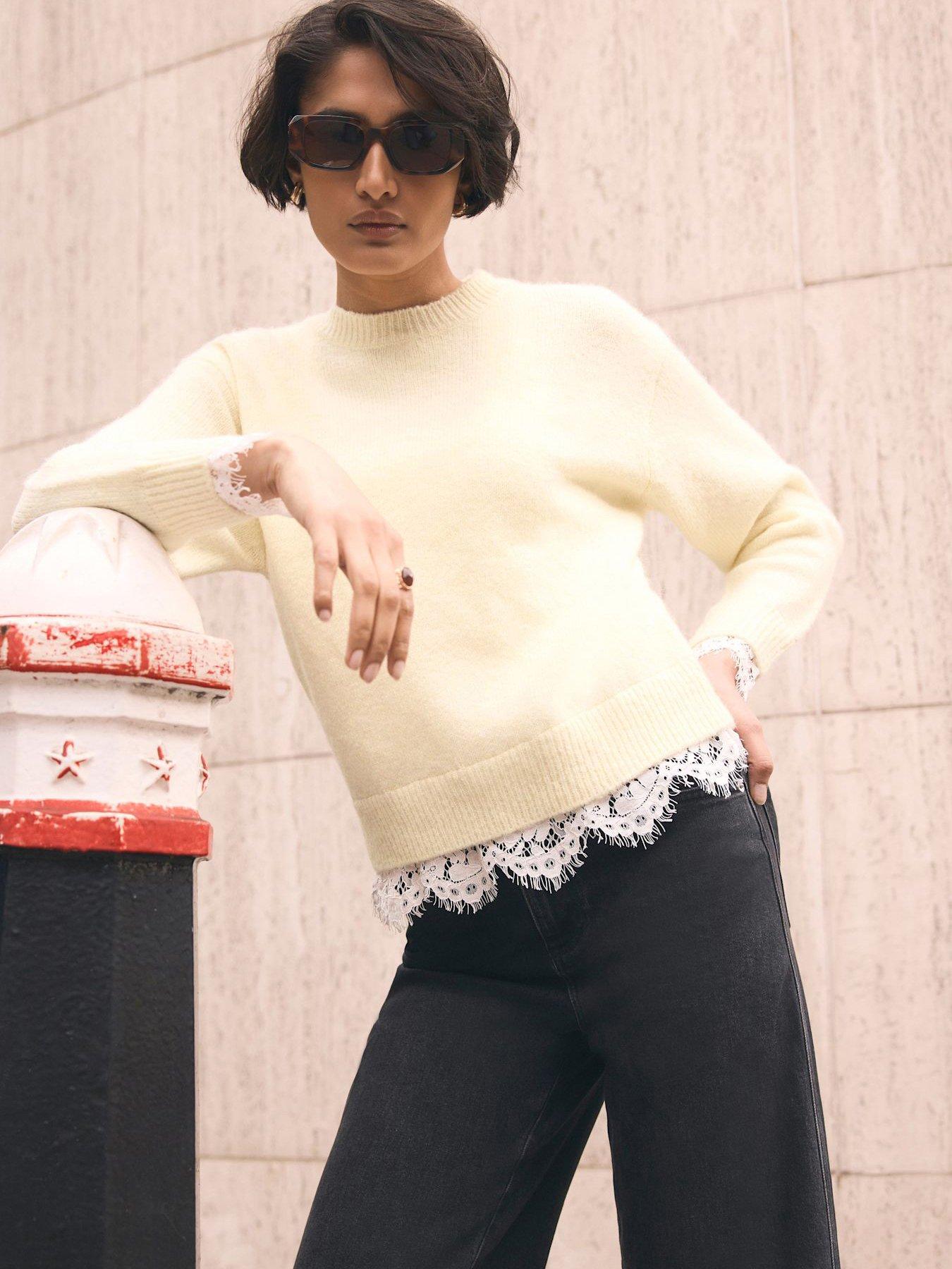Image 1 of 4 of Mint Velvet Yellow Lace Hem Jumper