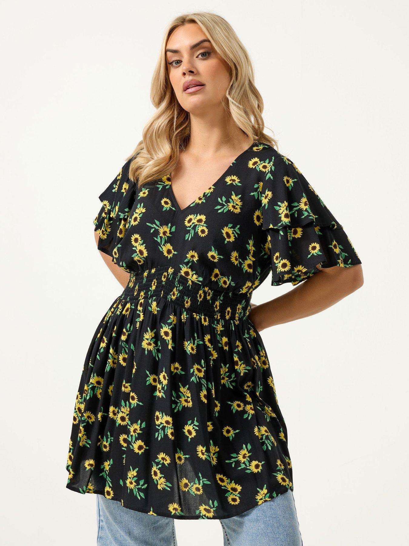 Image 1 of 5 of Yours Curve Sunflower Print Flutter Sleeve Top
