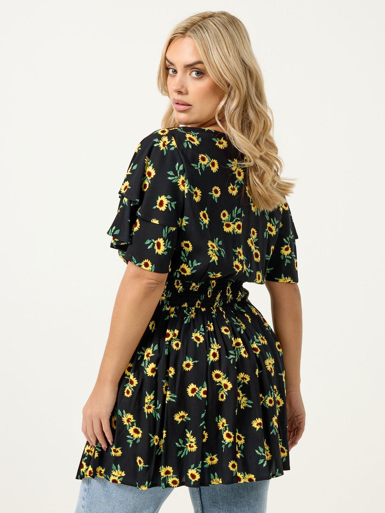 Image 2 of 5 of Yours Curve Sunflower Print Flutter Sleeve Top