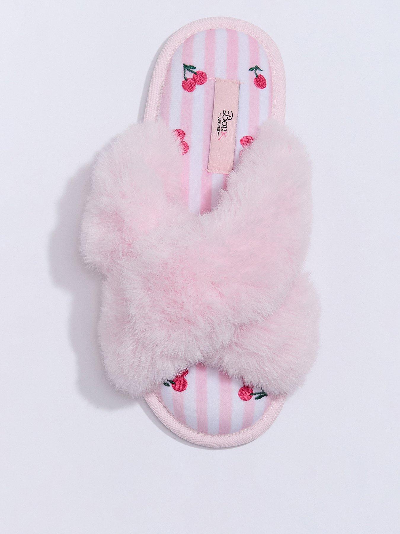 Boux Avenue Cherry Embroidered Stripe Cross Band Slippers - Candy Pink