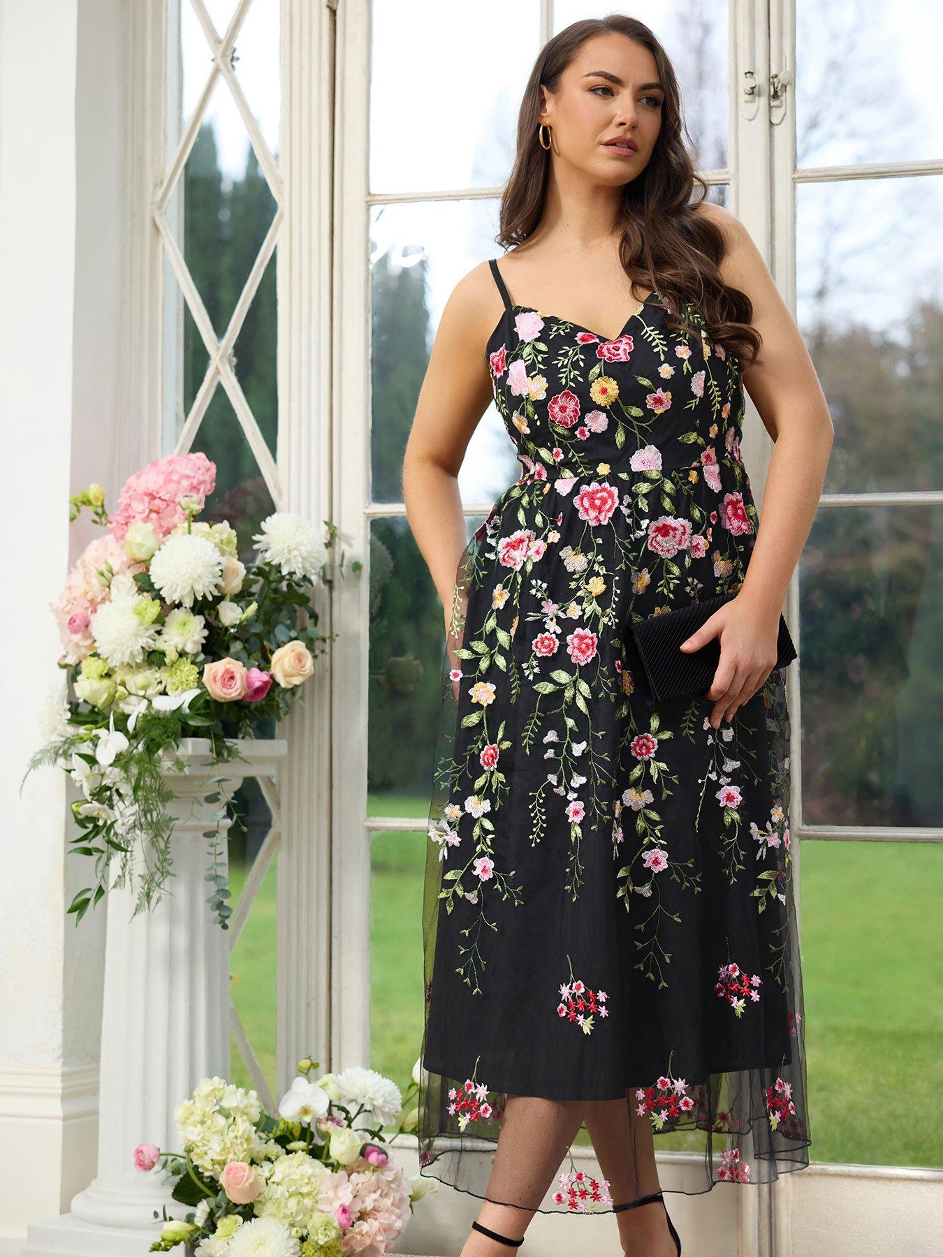 Yours Curve Floral Strappy Dress, Black, Size 30-32, Women