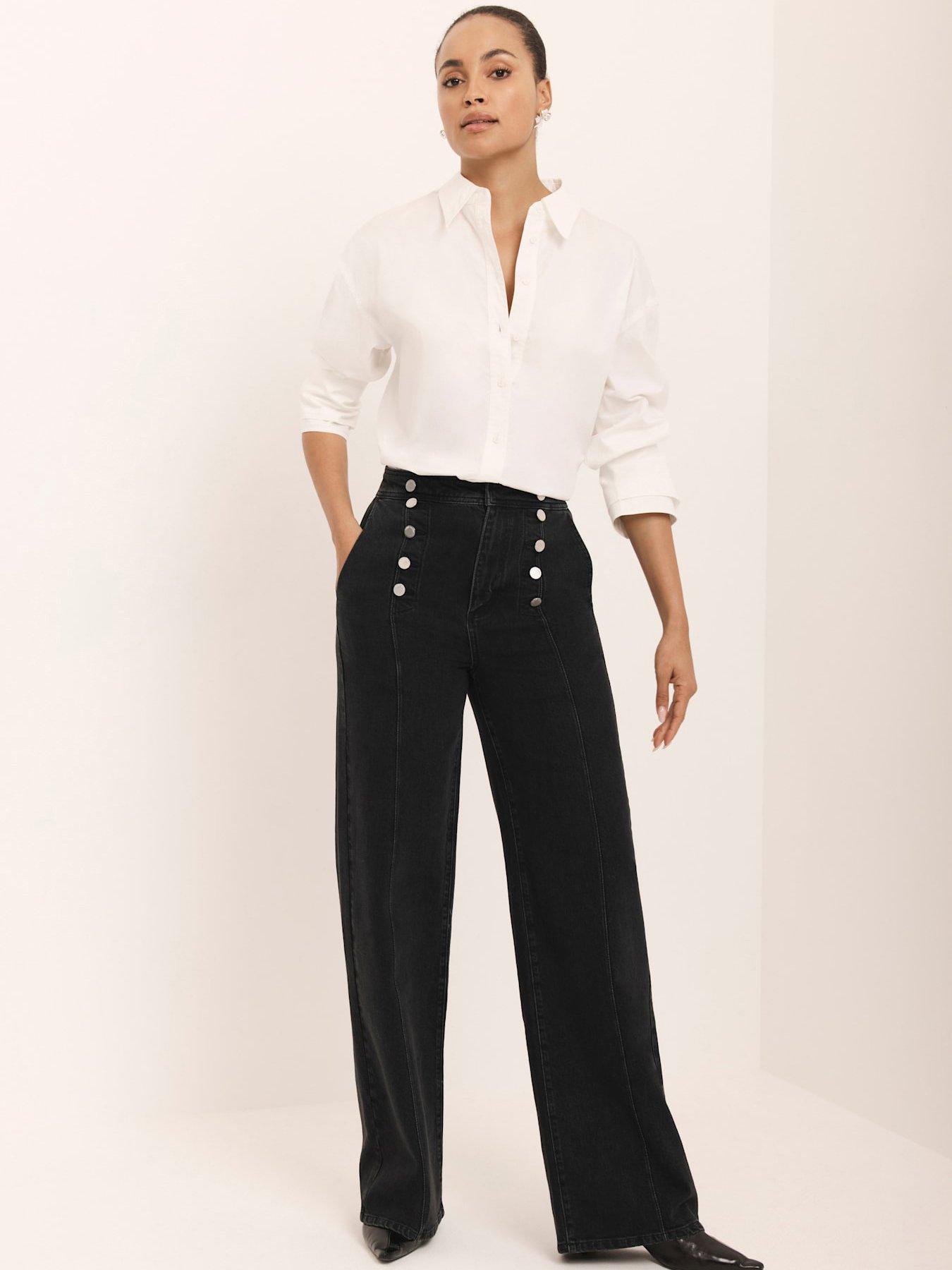 Mint Velvet Button Front Wide Jeans - Black