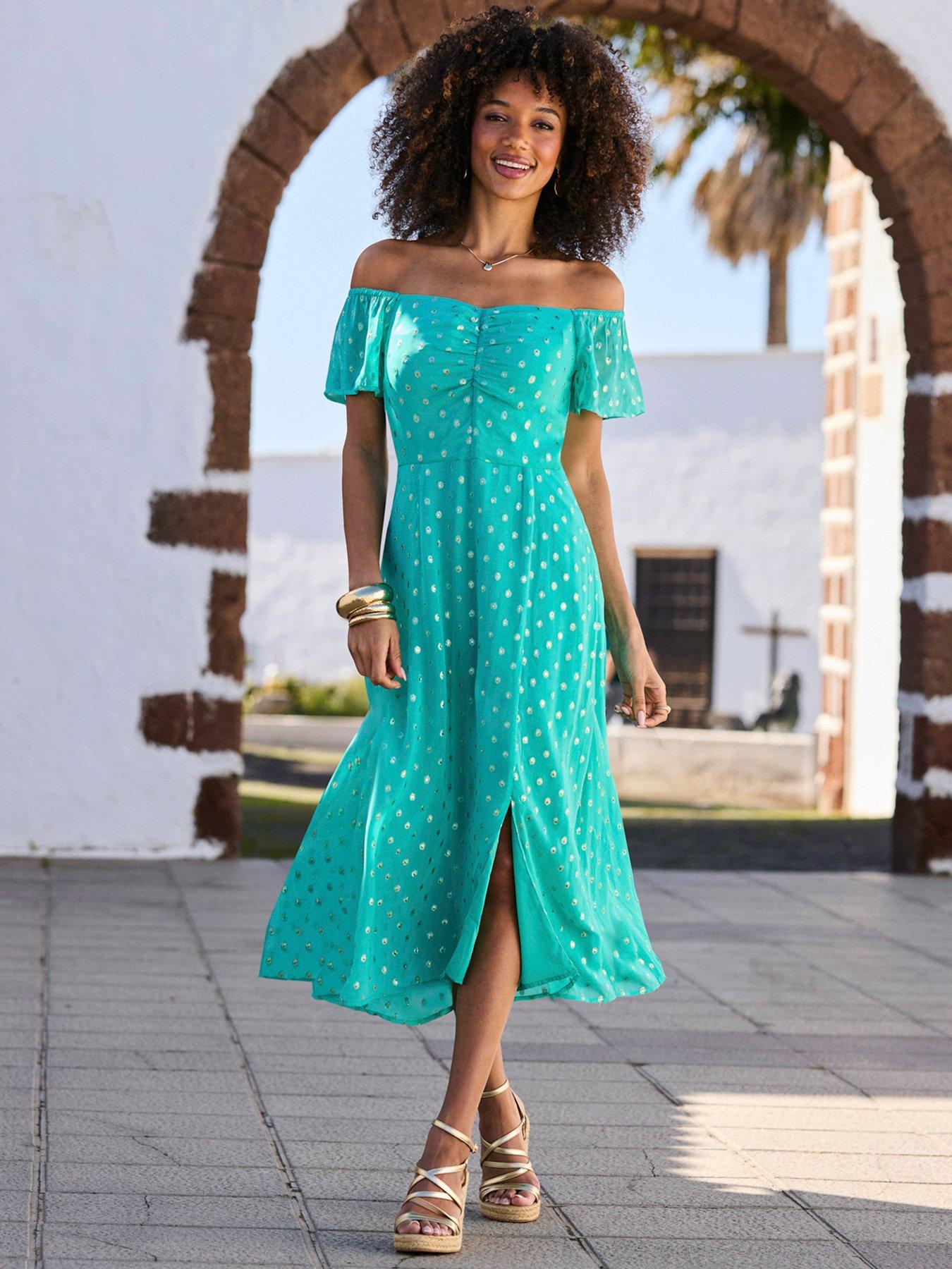 Sosandar Polka Dot Twist Front Fit And Flare Dress - Green | Very