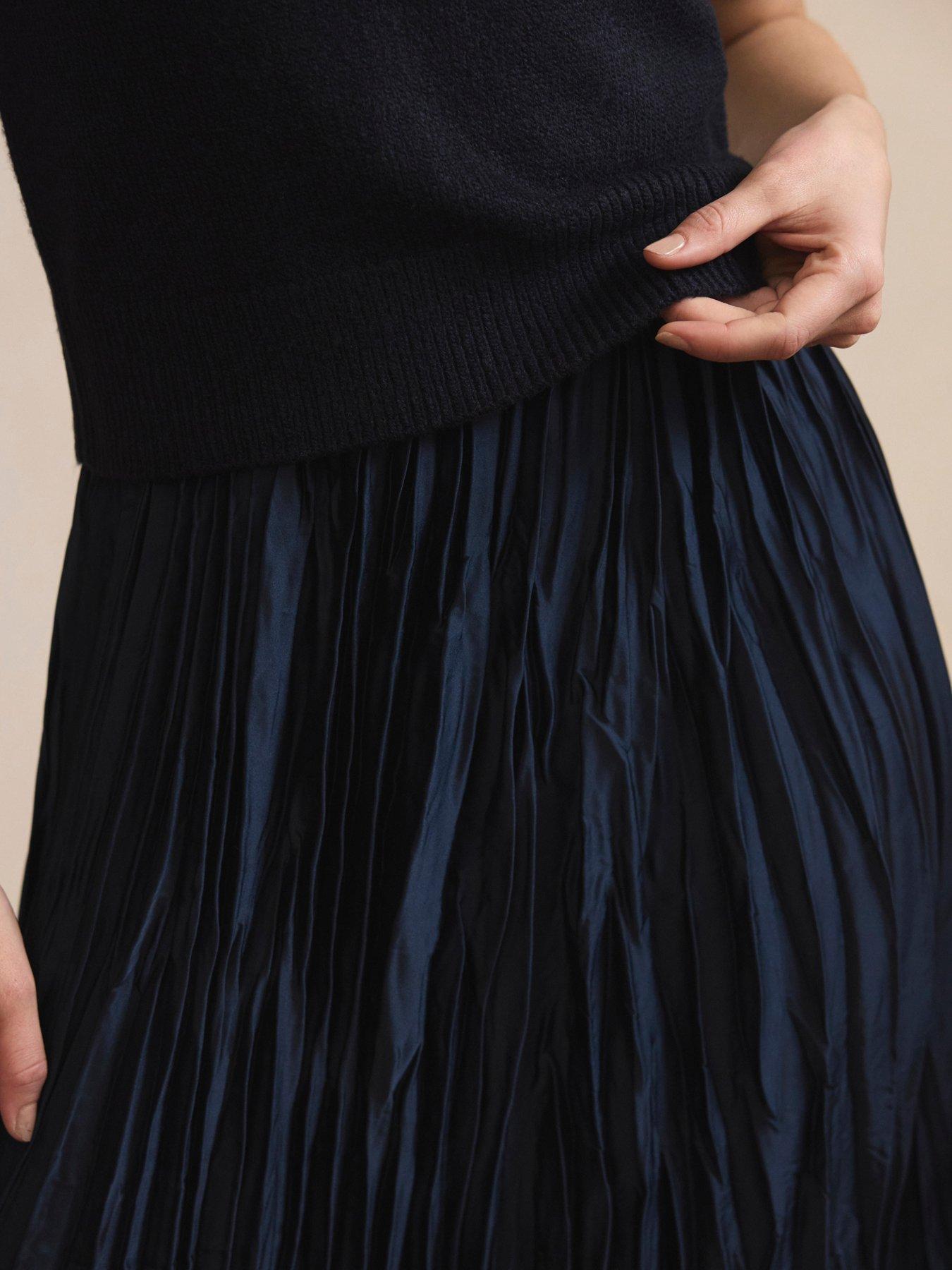 mint velvet pleated dress navy multi Mint Velvet Scallop Neck Jersey Mix Midi Dress, Navy Blue