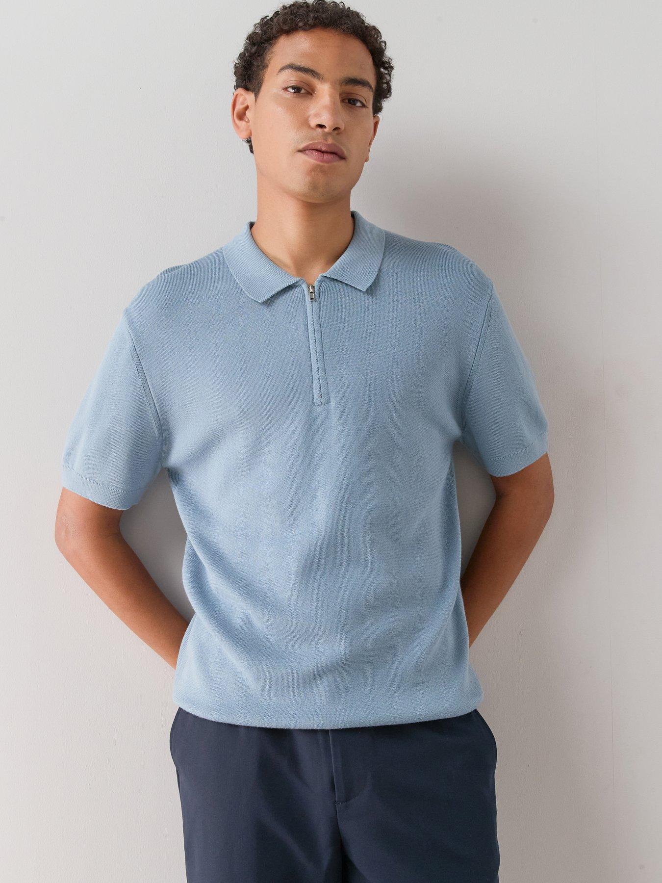 Image 1 of 7 of The Very Collection Cotton Rich Short Sleeve Zip Neck Polo Shirt&nbsp;- Blue