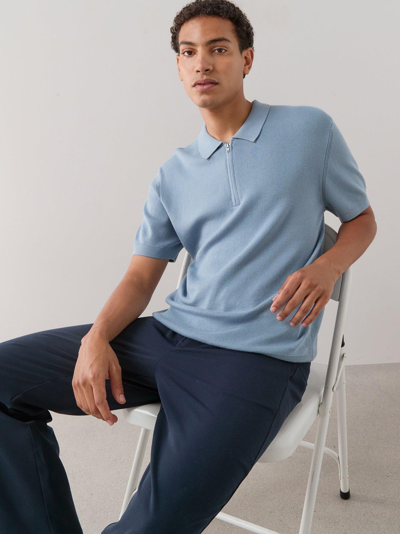 Image 5 of 7 of The Very Collection Cotton Rich Short Sleeve Zip Neck Polo Shirt&nbsp;- Blue