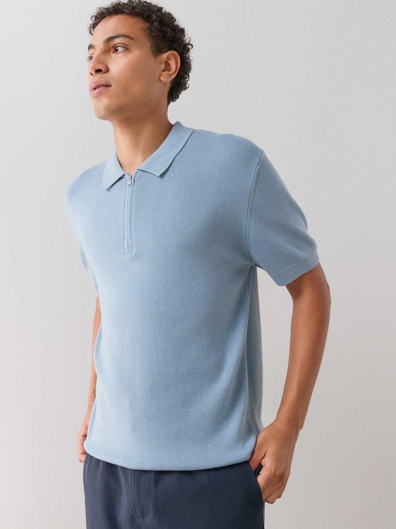 Image 6 of 7 of The Very Collection Cotton Rich Short Sleeve Zip Neck Polo Shirt&nbsp;- Blue