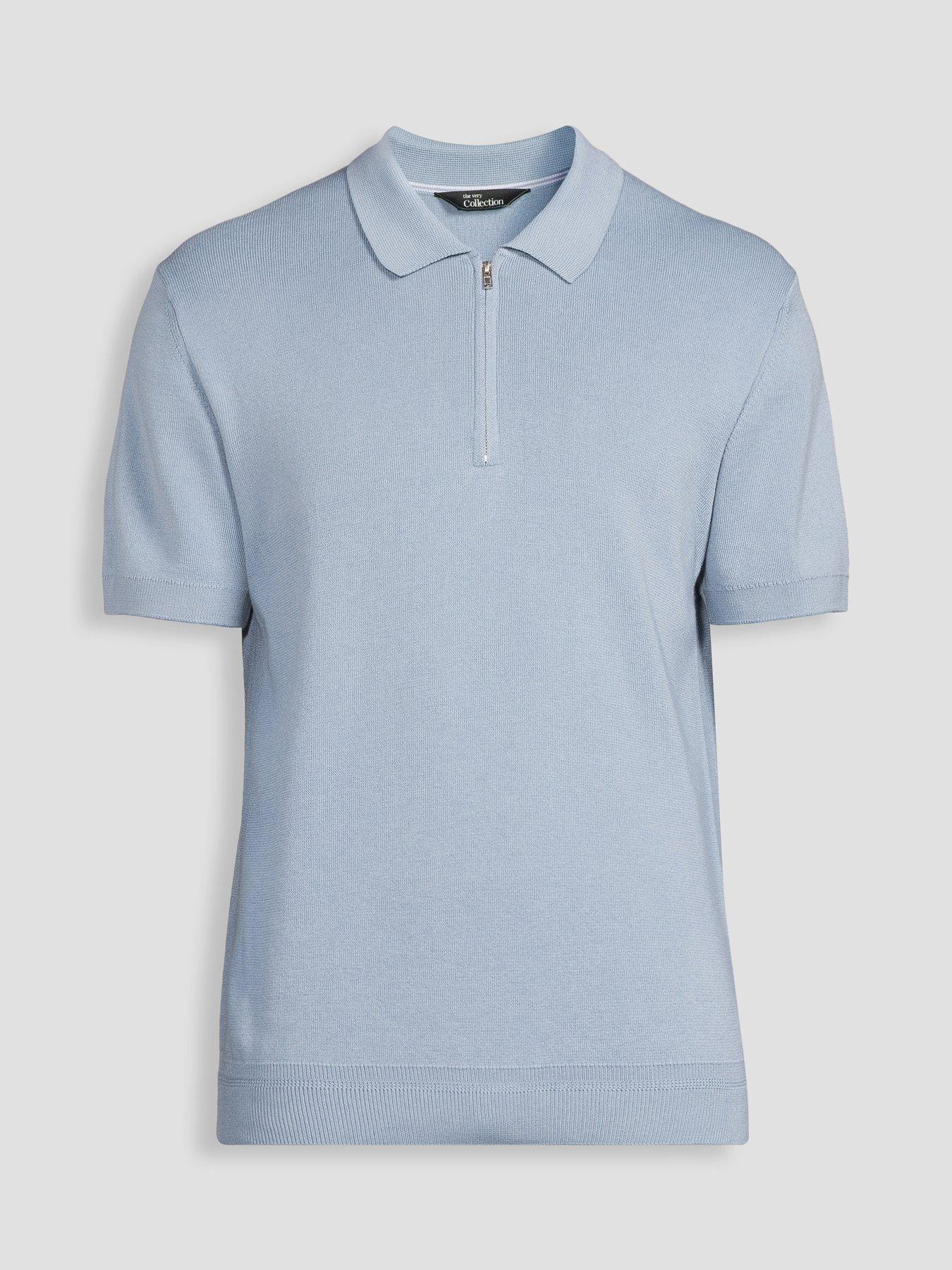 Image 7 of 7 of The Very Collection Cotton Rich Short Sleeve Zip Neck Polo Shirt&nbsp;- Blue