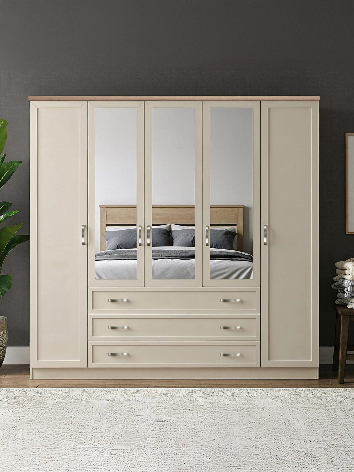 The Very Collection Camberley 5 Door 3 Drawer Mirrored Wardrobe - Oatmeal/Oak