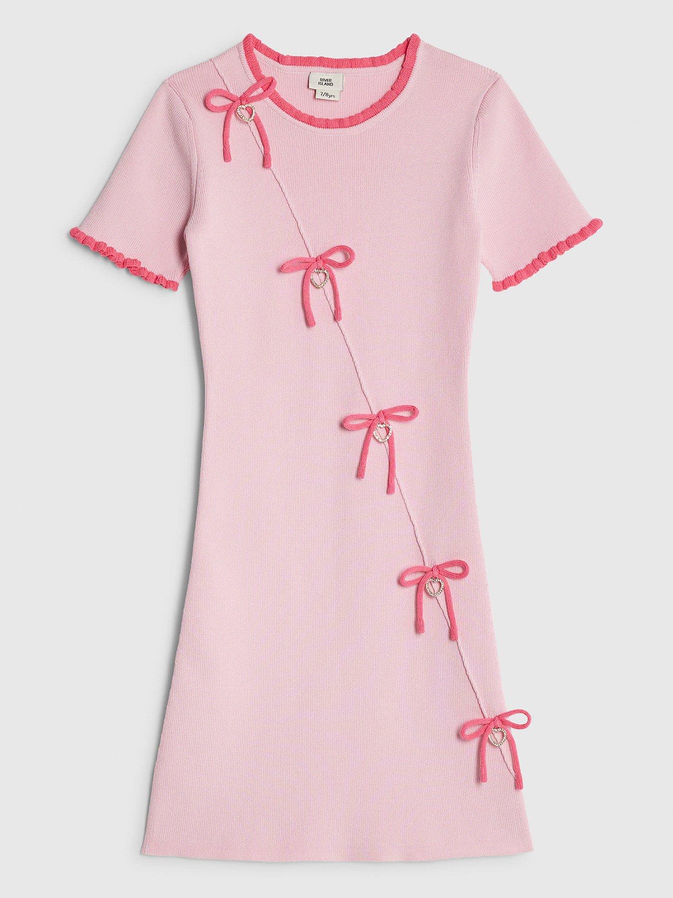 Image 1 of 4 of River Island Older Girls Heart Charm Bow Knit Dress - Pink