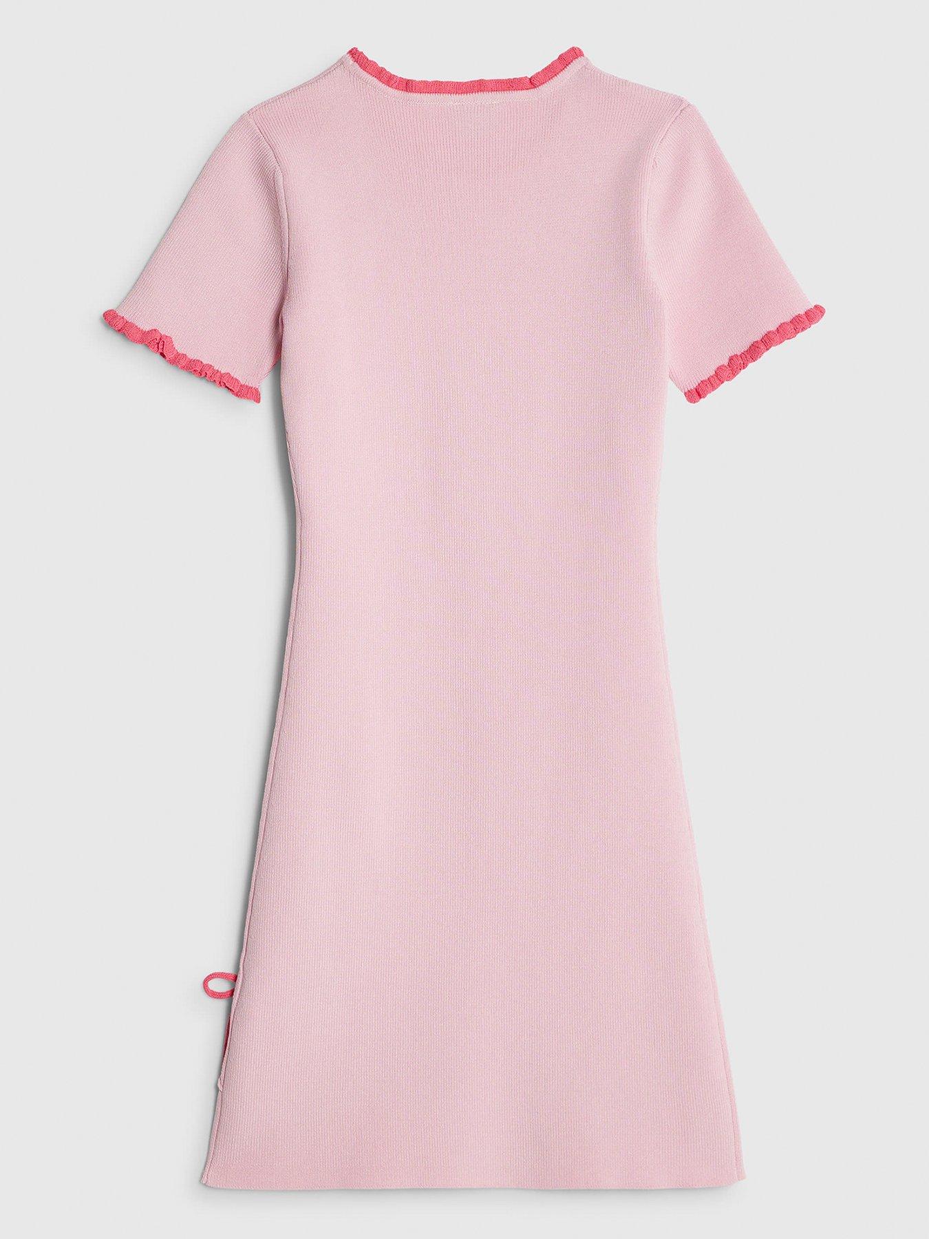 Image 2 of 4 of River Island Older Girls Heart Charm Bow Knit Dress - Pink