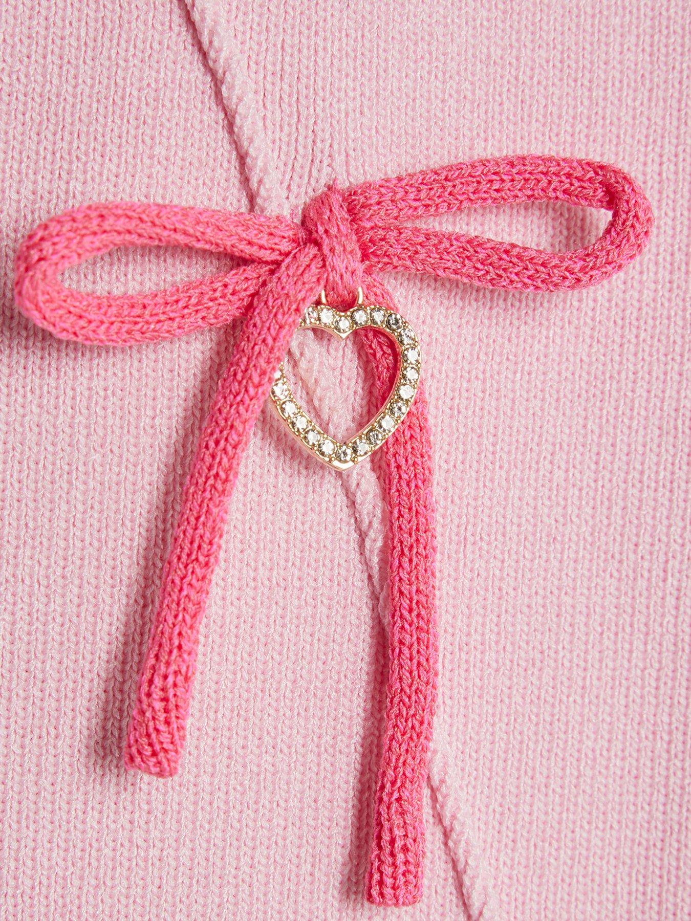 Image 3 of 4 of River Island Older Girls Heart Charm Bow Knit Dress - Pink