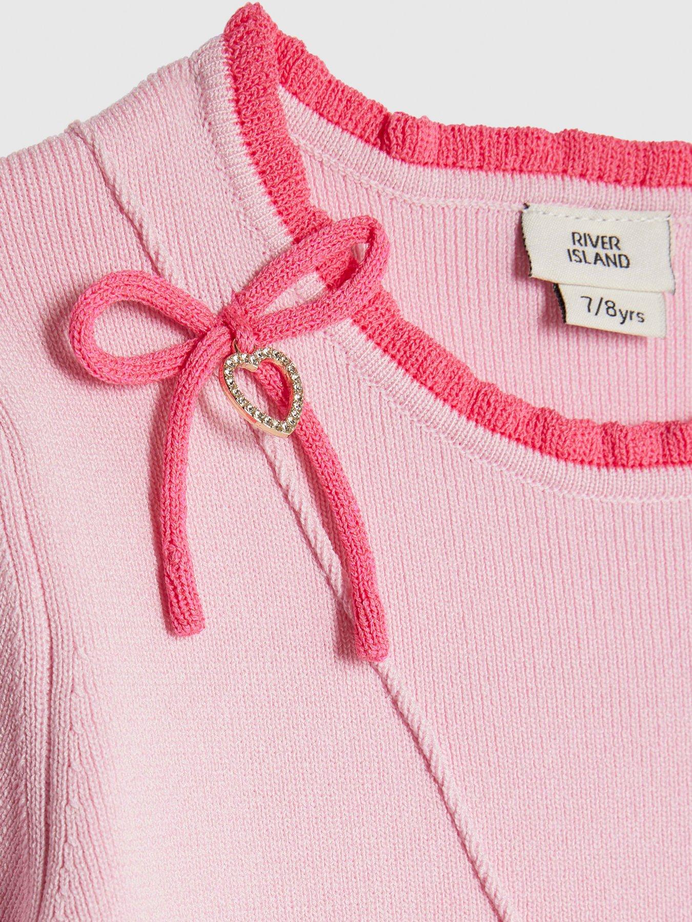Image 4 of 4 of River Island Older Girls Heart Charm Bow Knit Dress - Pink