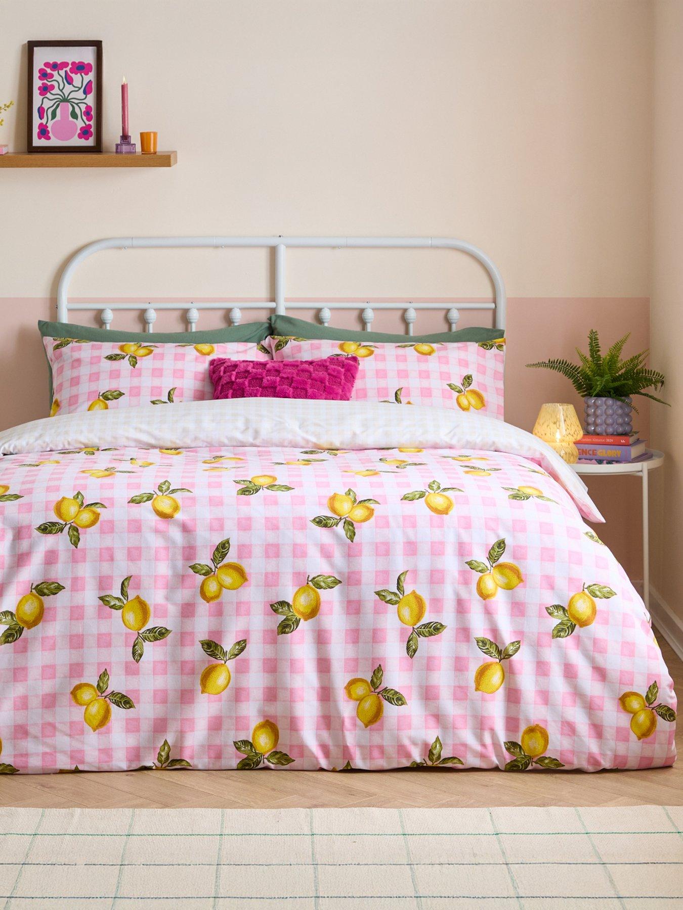 Heya Home Gingham Lemons Super King Duvet Set Pink